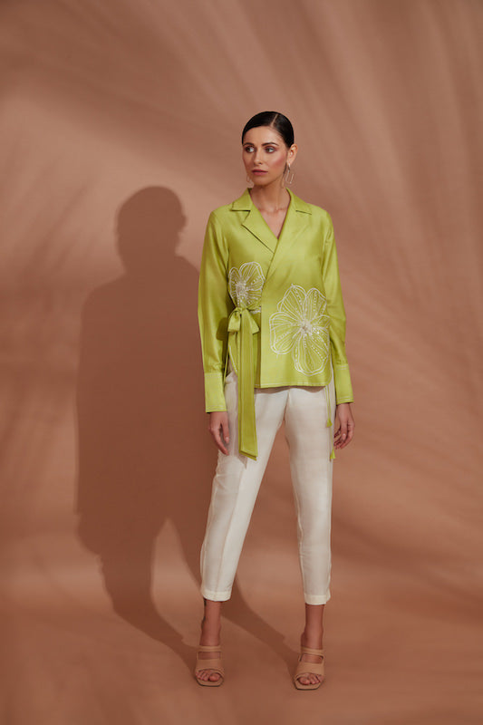 Green Wrap Top With Off White Pants