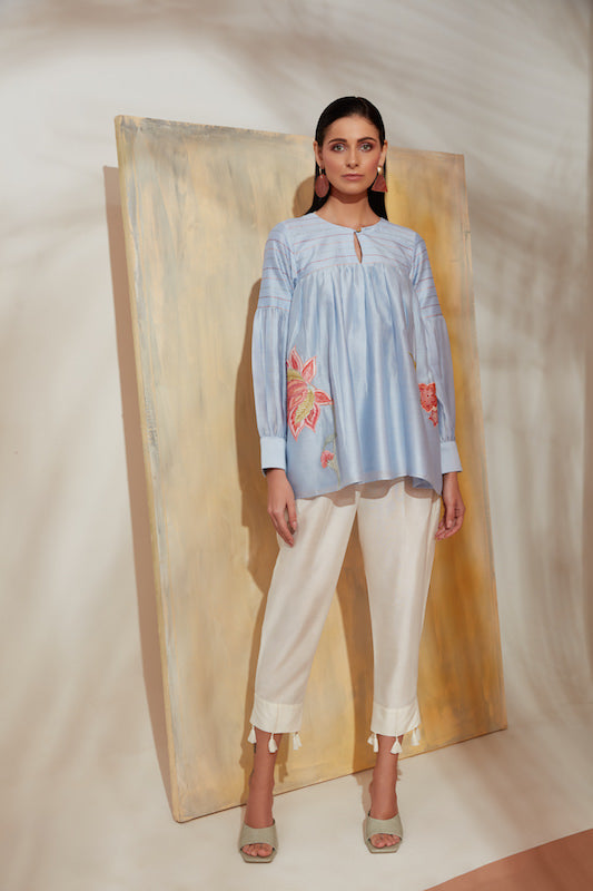 Ice Blue Over Sized Chanderi Tunic With Tassel Off White Pants
