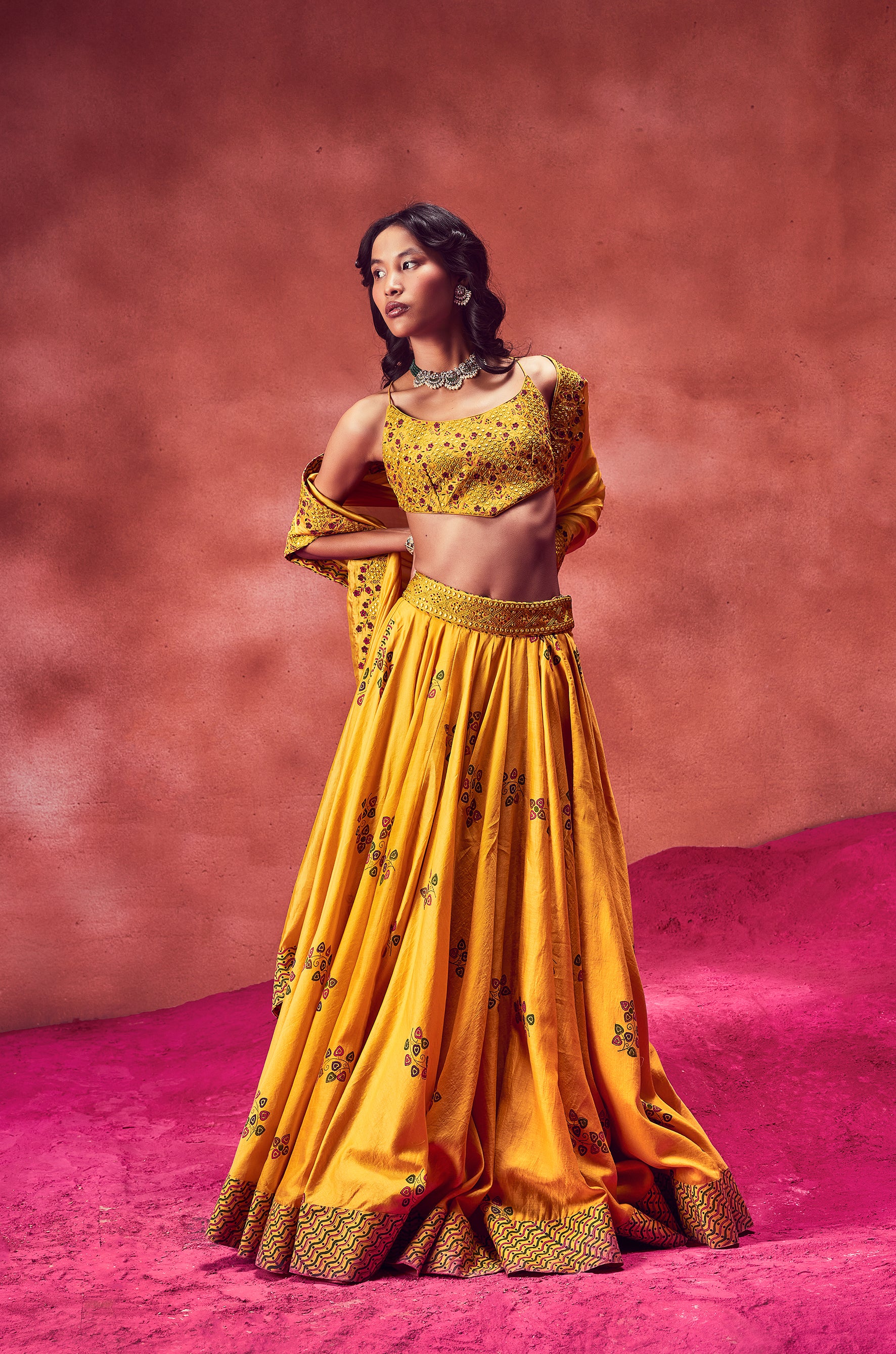 Yellow Printed Lehenga With Top & Dupatta