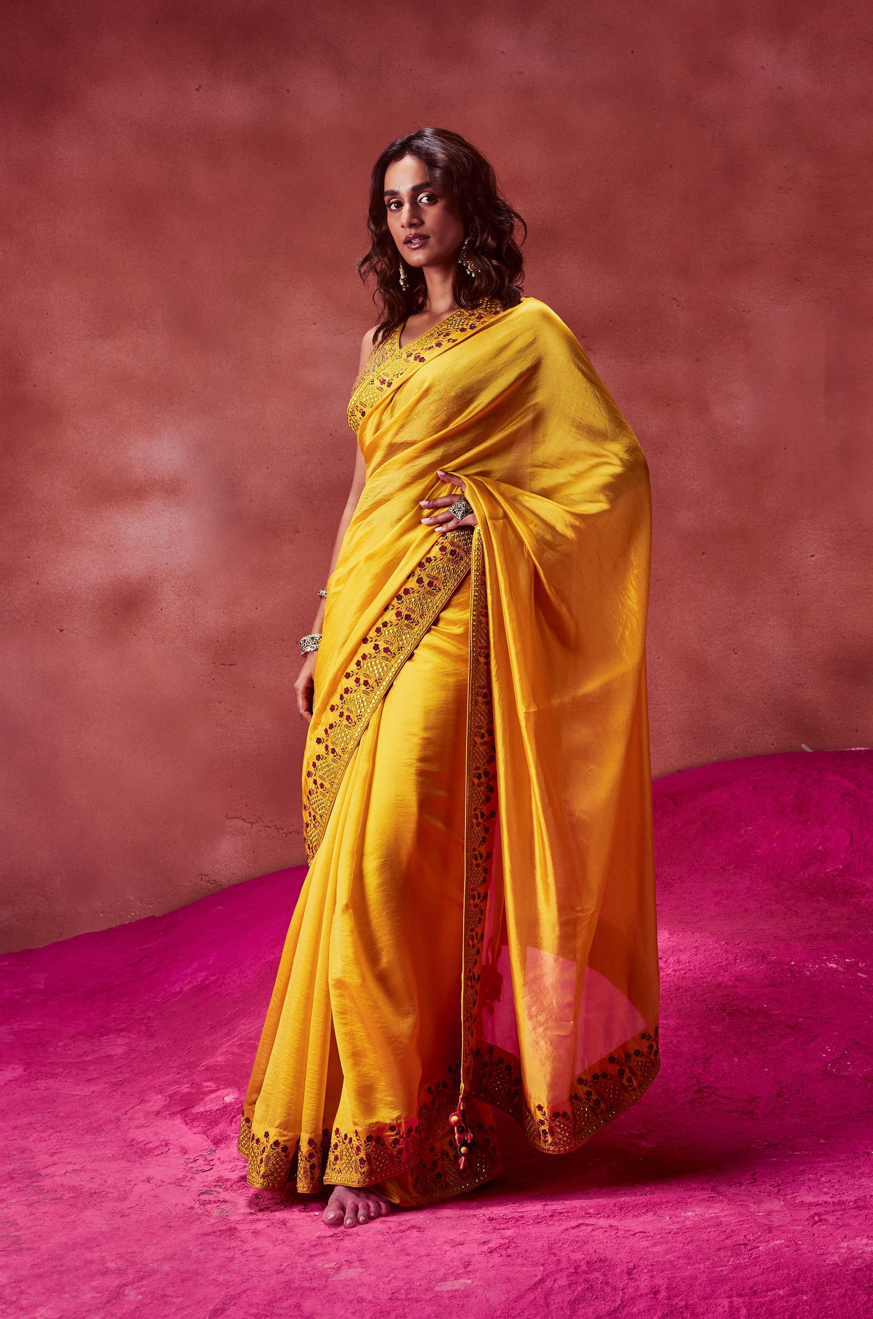 Yellow Resham Work Saree With Blouse