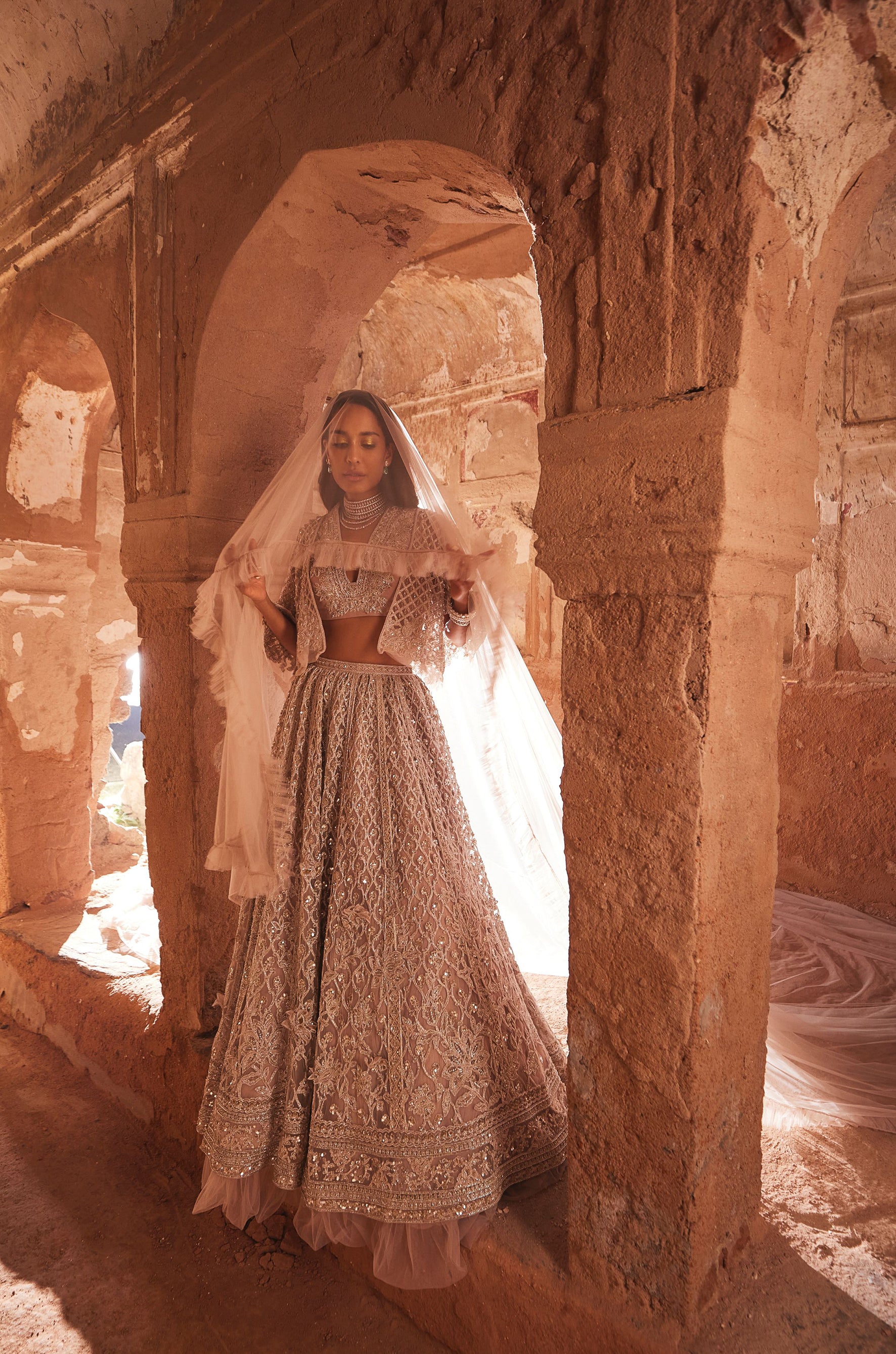 Champagne embroidered net cape, sleeveless organza blouse, and net lehenga