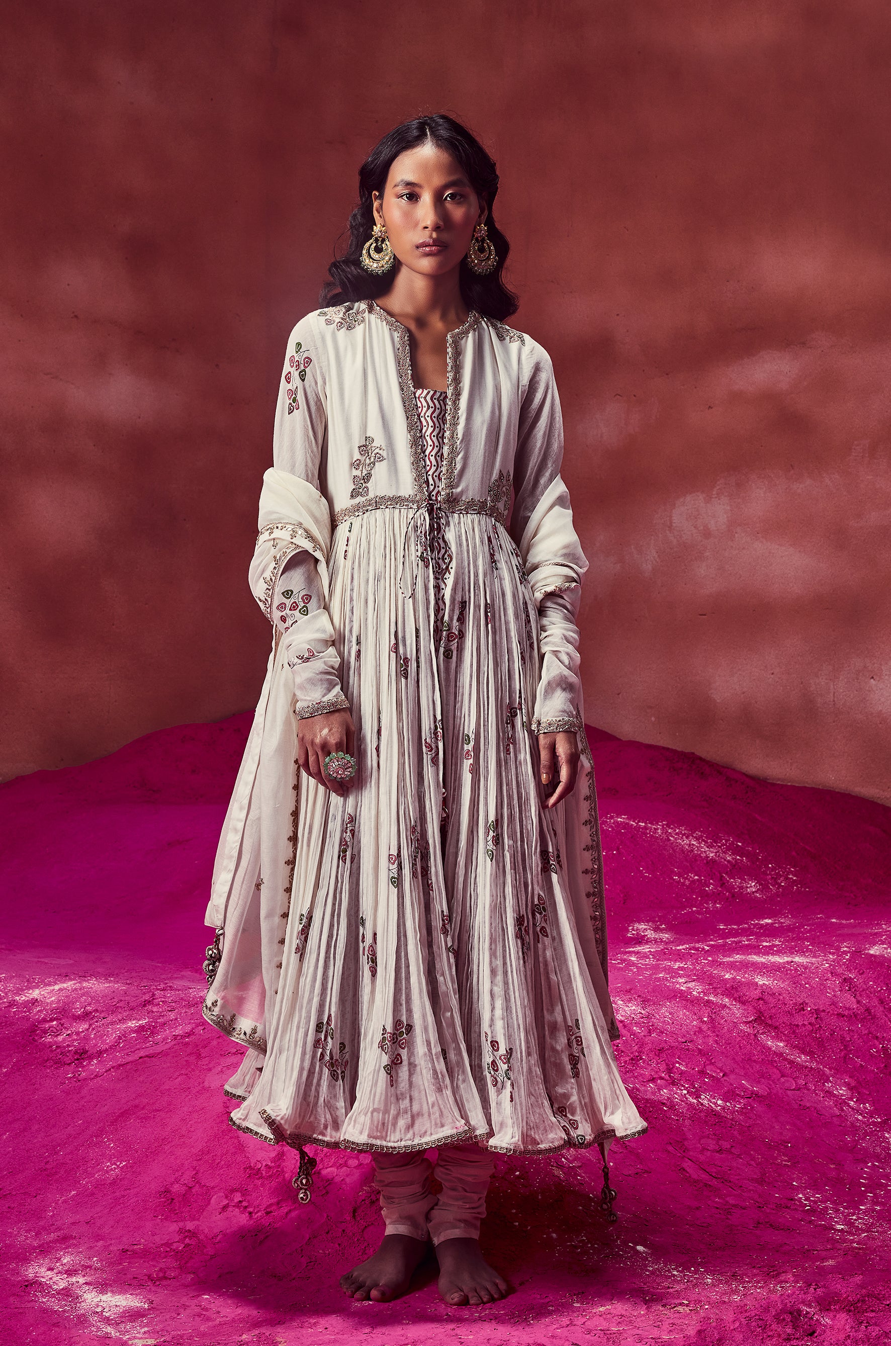 Ivory Crush Front Open Anarkali Paired With Dupatta & Churidar