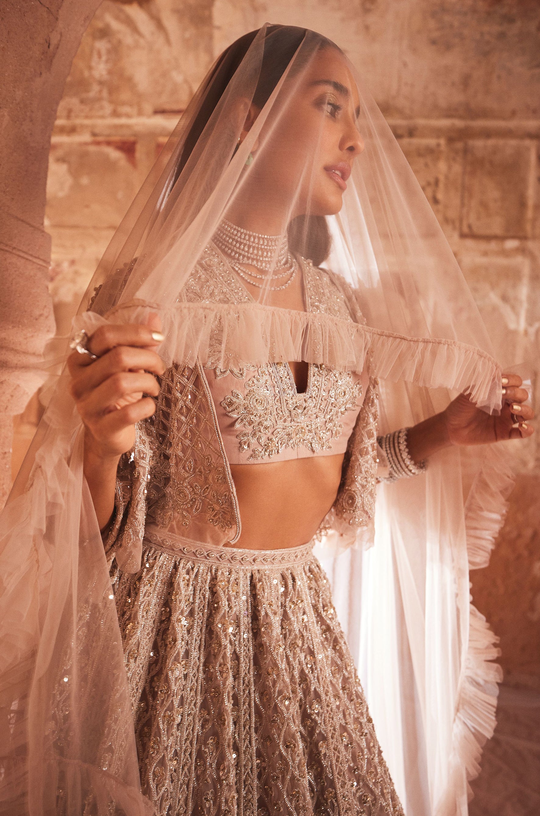 Champagne embroidered net cape, sleeveless organza blouse, and net lehenga