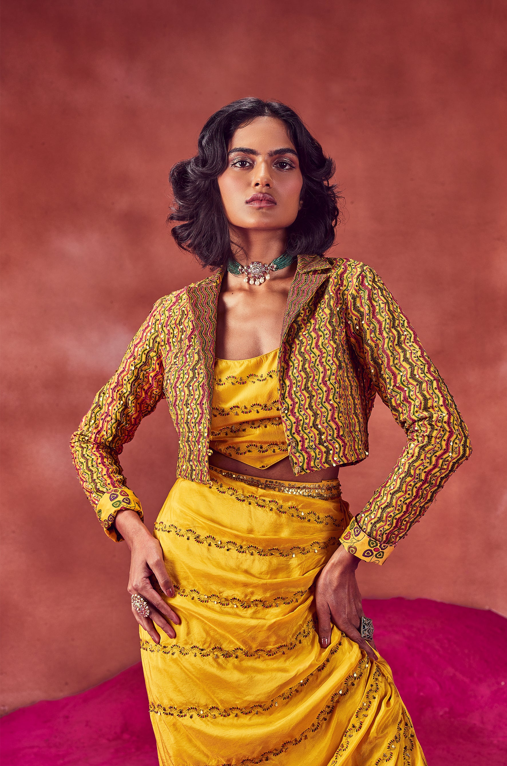 Yellow Draped Skirt Paired With Top & Jacket