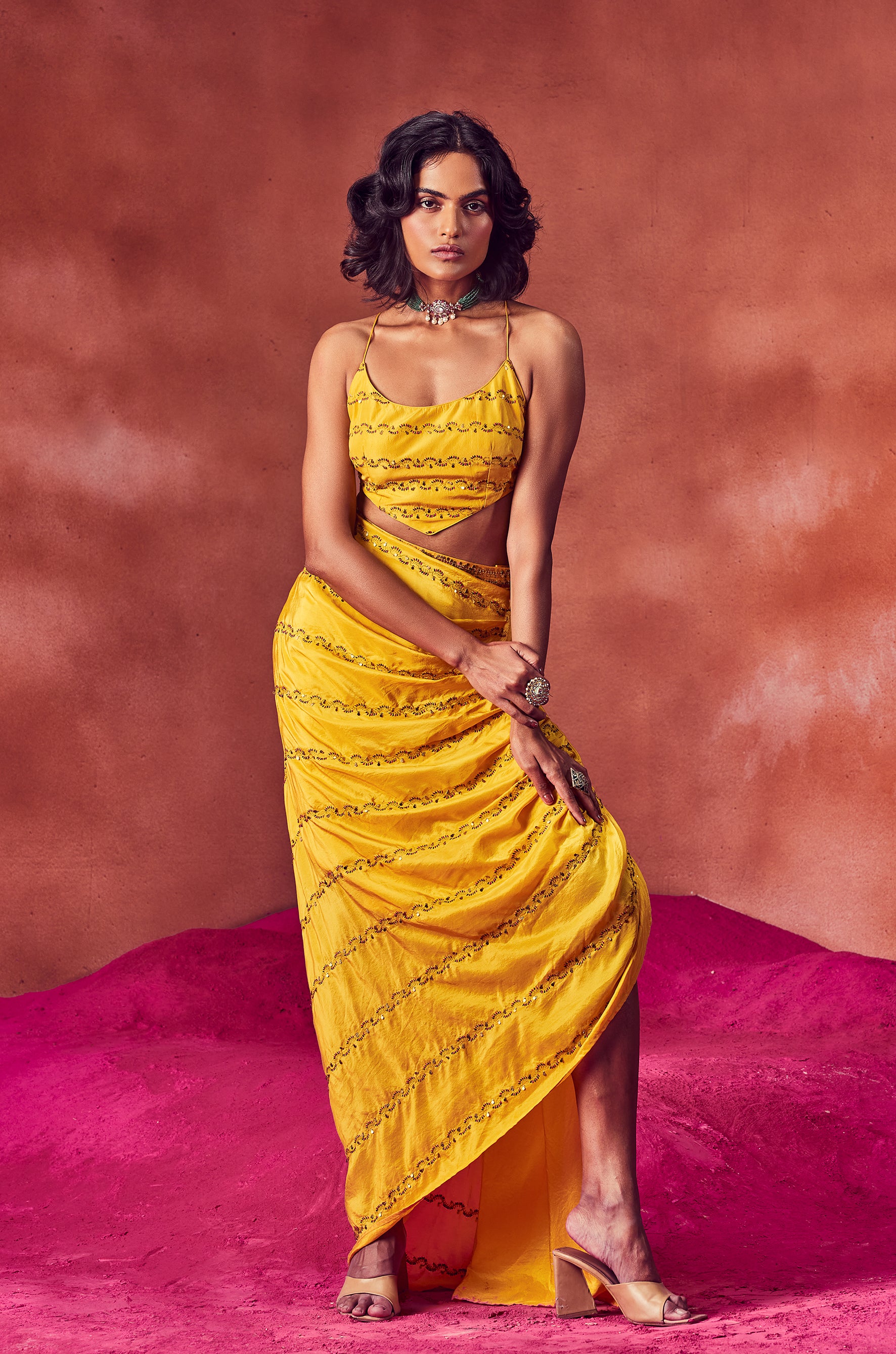 Yellow Draped Skirt Paired With Top & Jacket