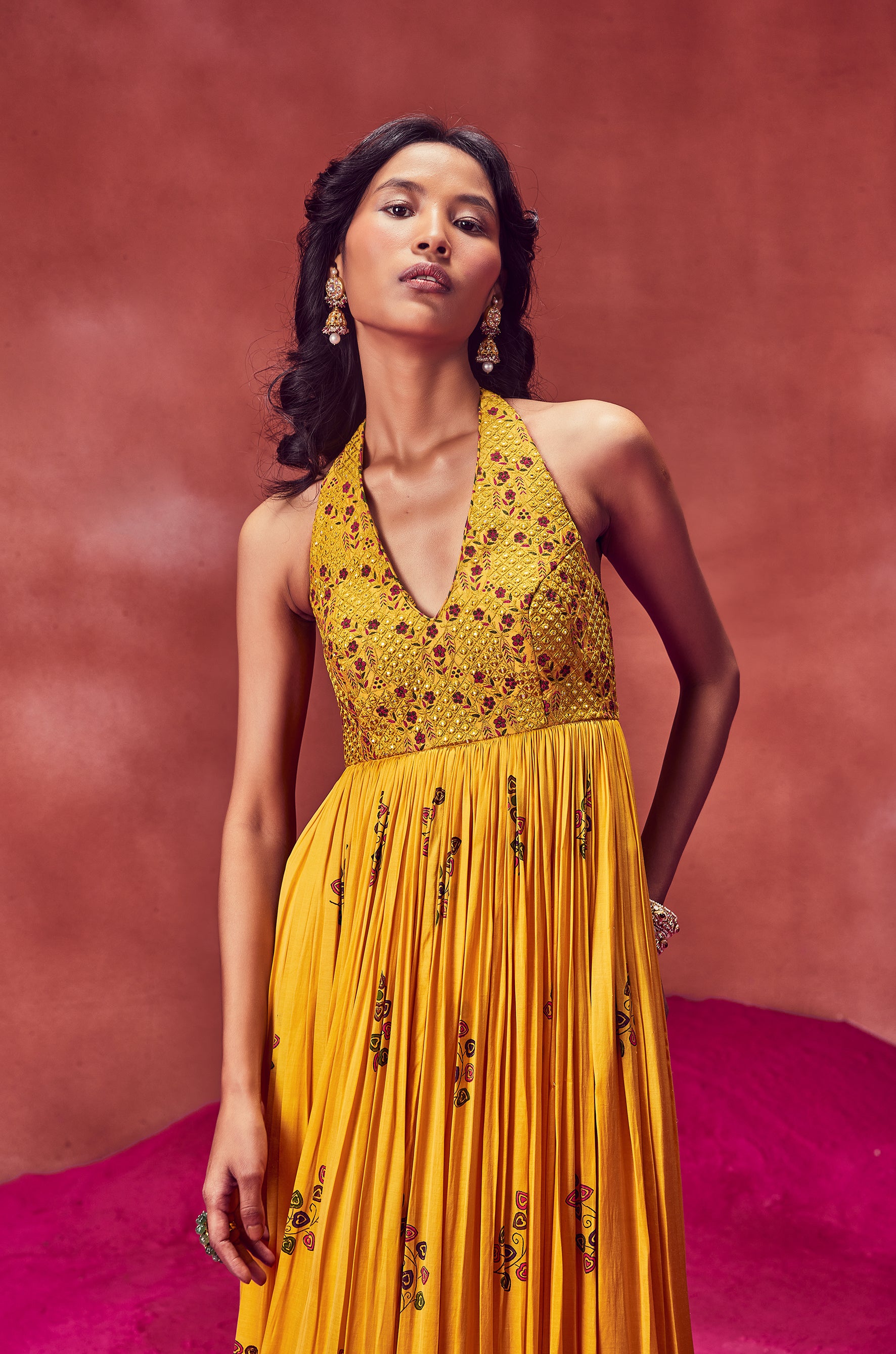 Yellow Printed Long Crush Dress