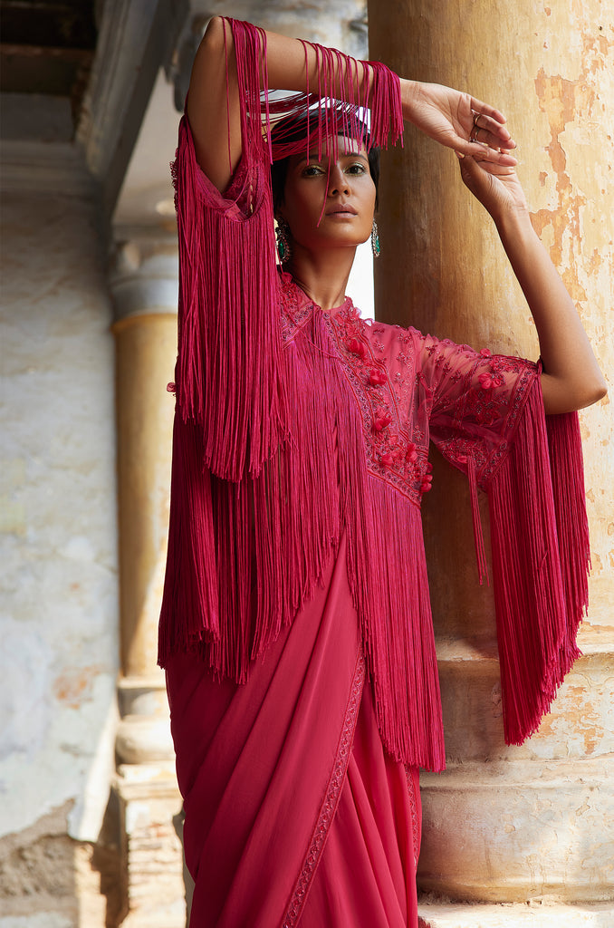 Fuchsia georgette saree with an embroidered fringed cape