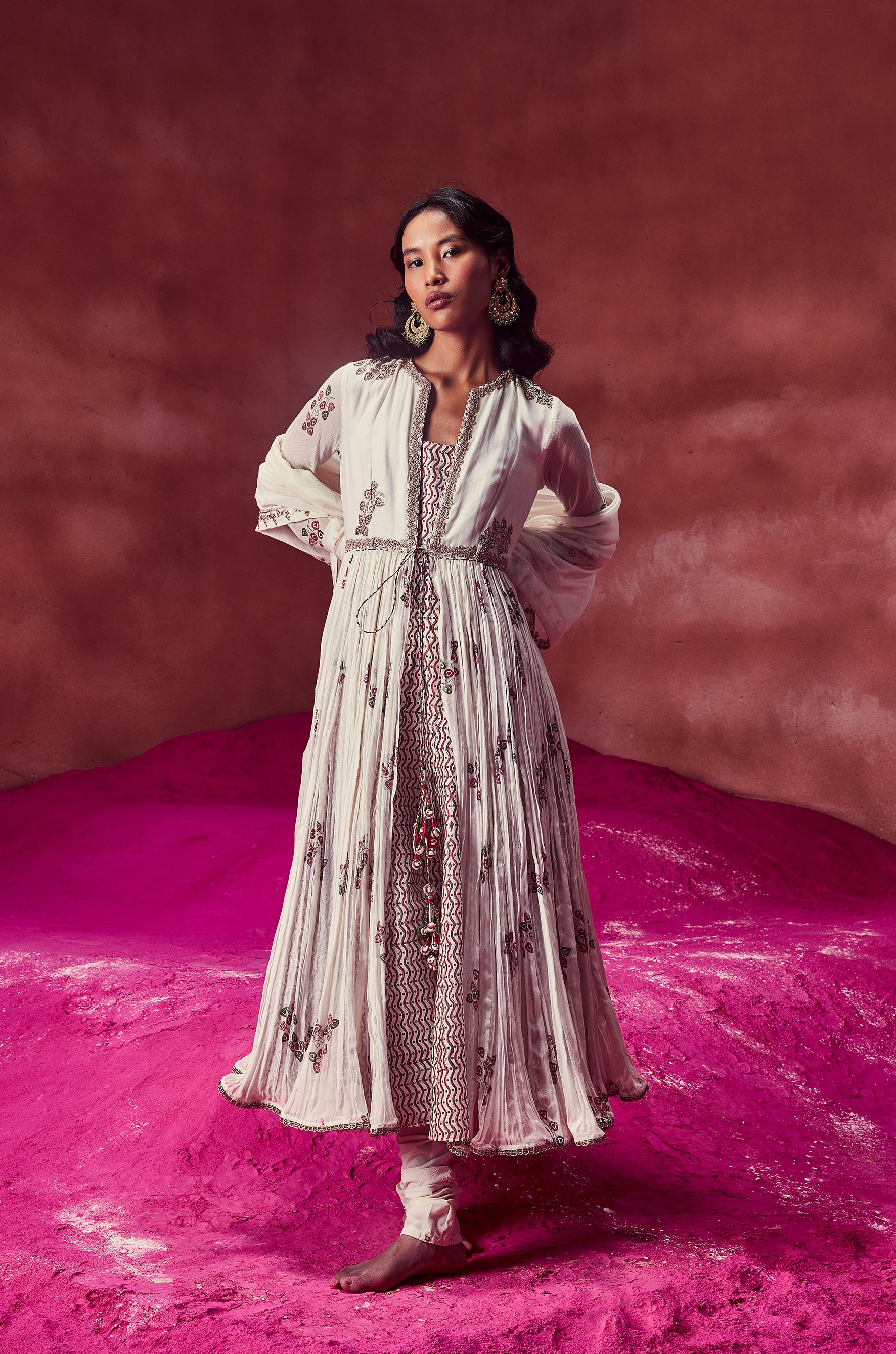 Ivory Crush Front Open Anarkali Paired With Dupatta & Churidar