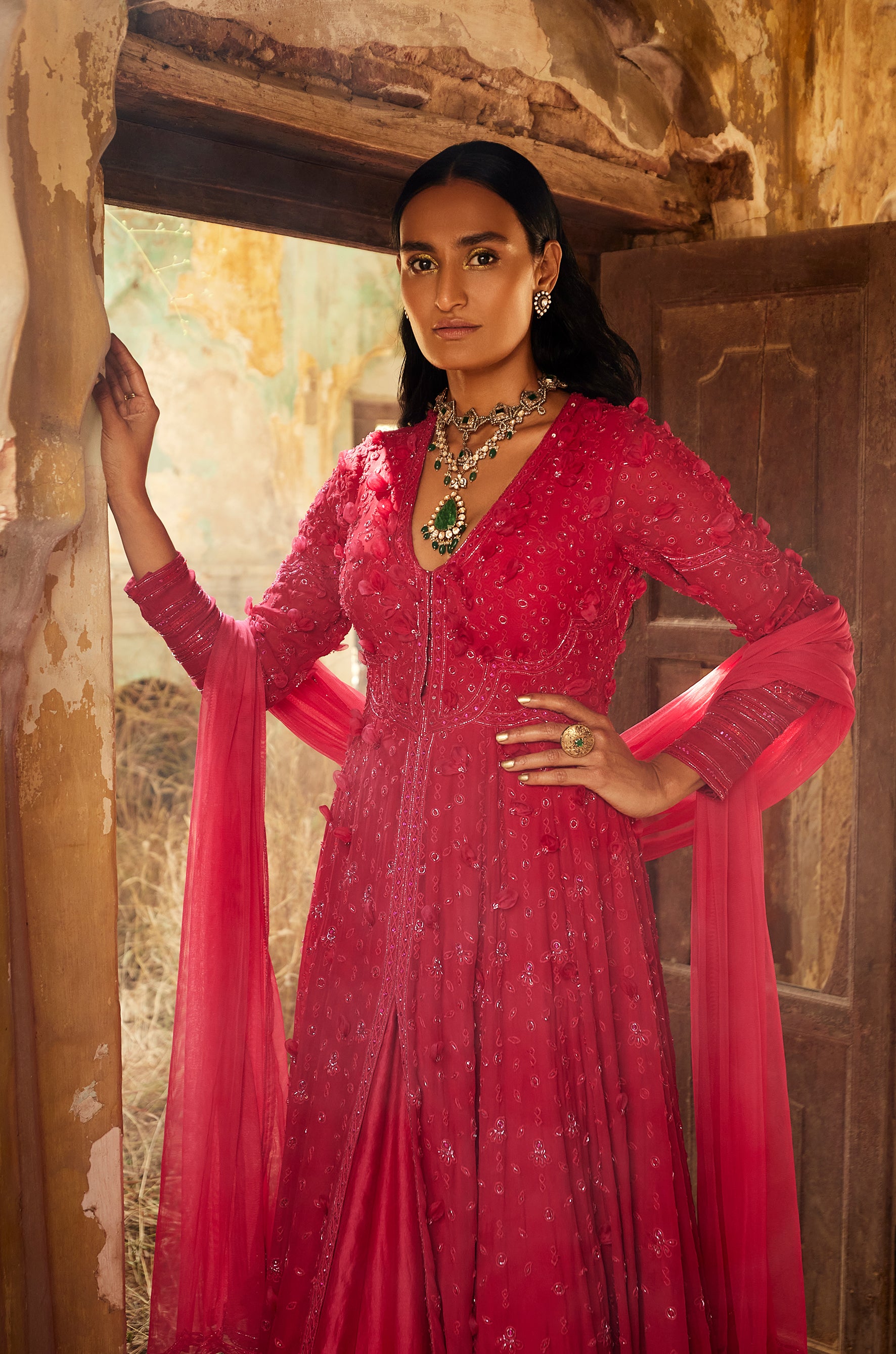 Fuchsia georgette embroidered long anarkali with net embroidered dupatta