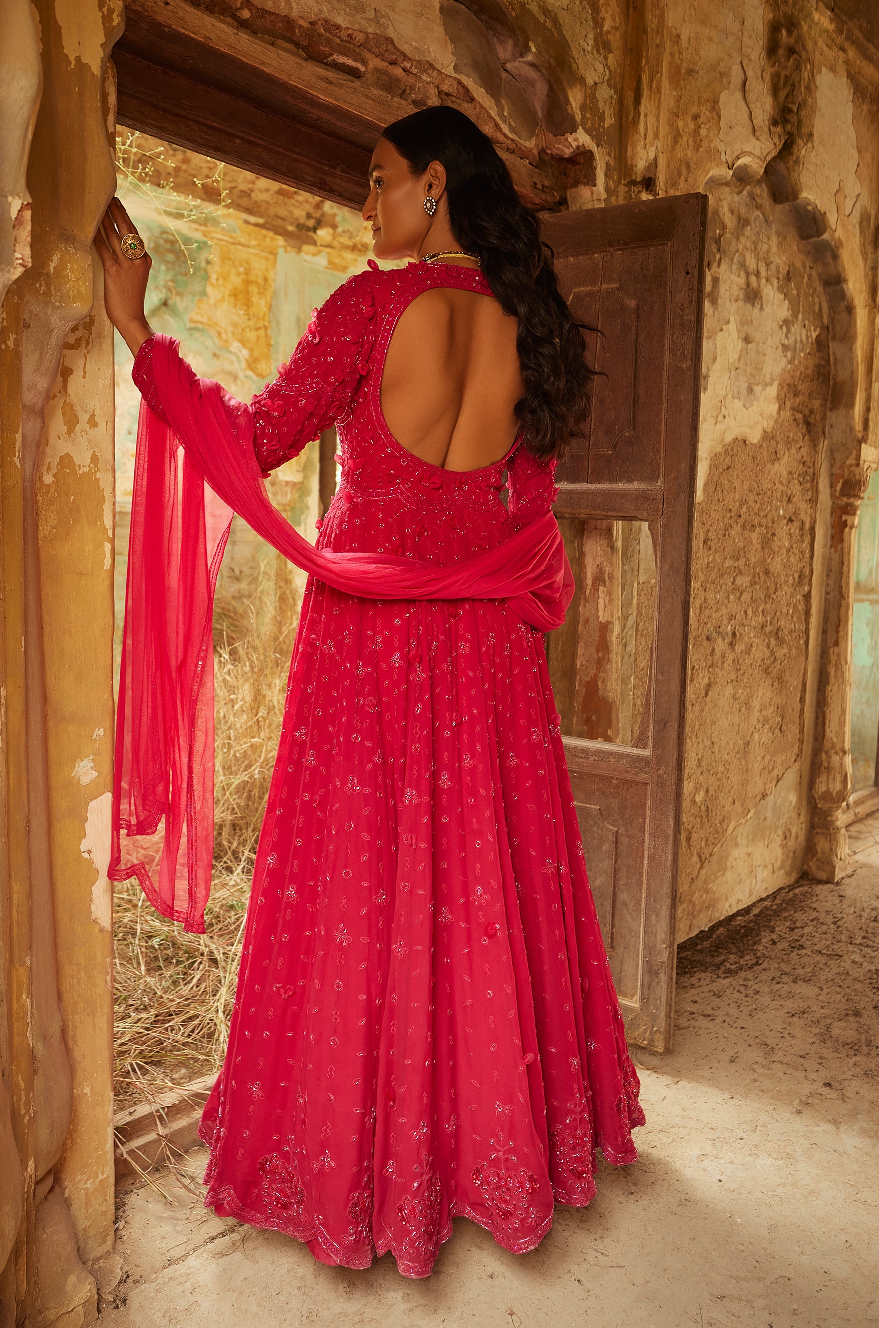 Fuchsia georgette embroidered long anarkali with net embroidered dupatta