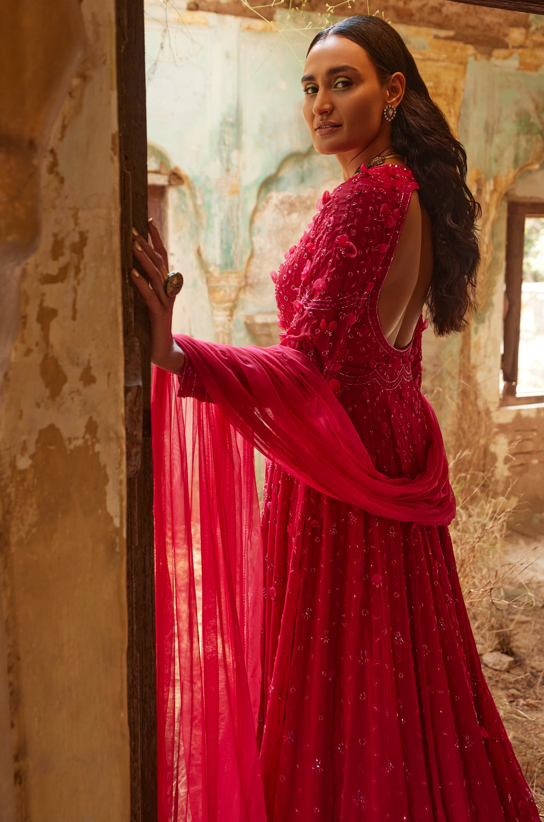Fuchsia georgette embroidered long anarkali with net embroidered dupatta