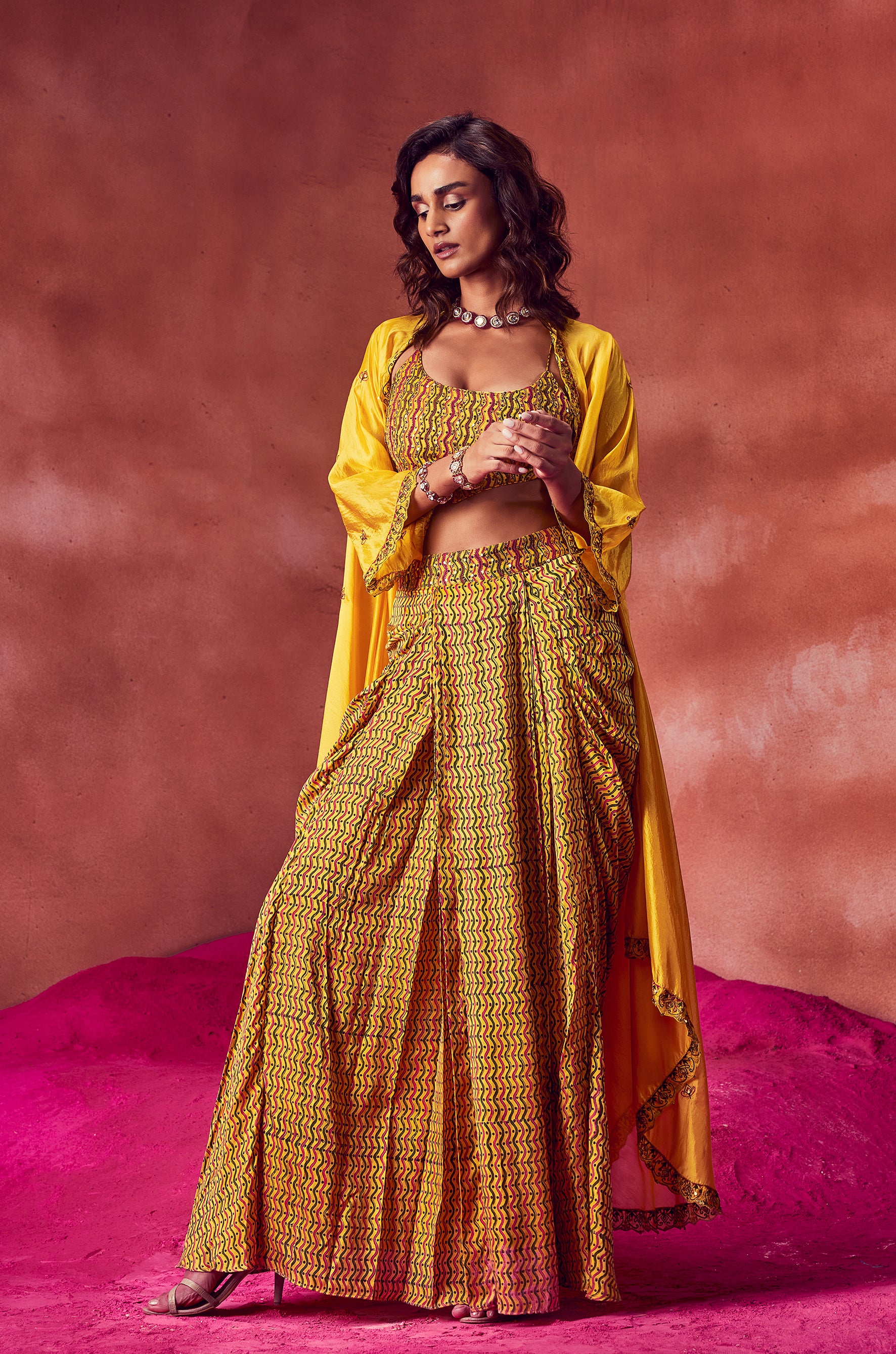 Yellow Draped Skirt Paired Top & Cape