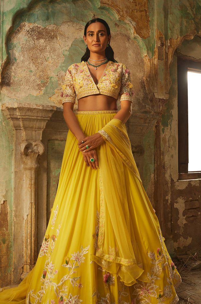 Yellow net embroidered blouse and georgette embroidered lehenga