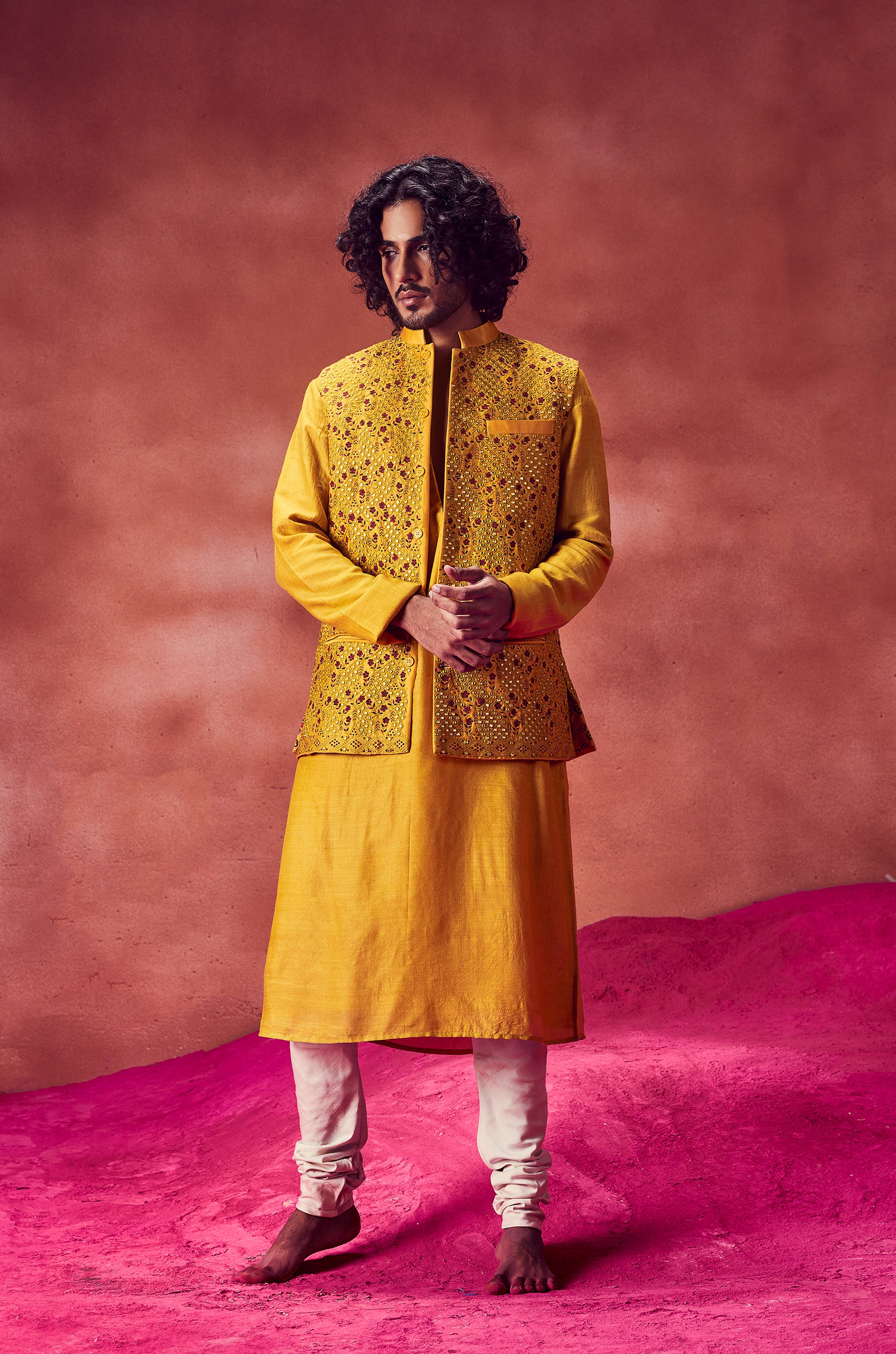 Yellow Kurta Paired With Emrboidered Bandi & Churidar