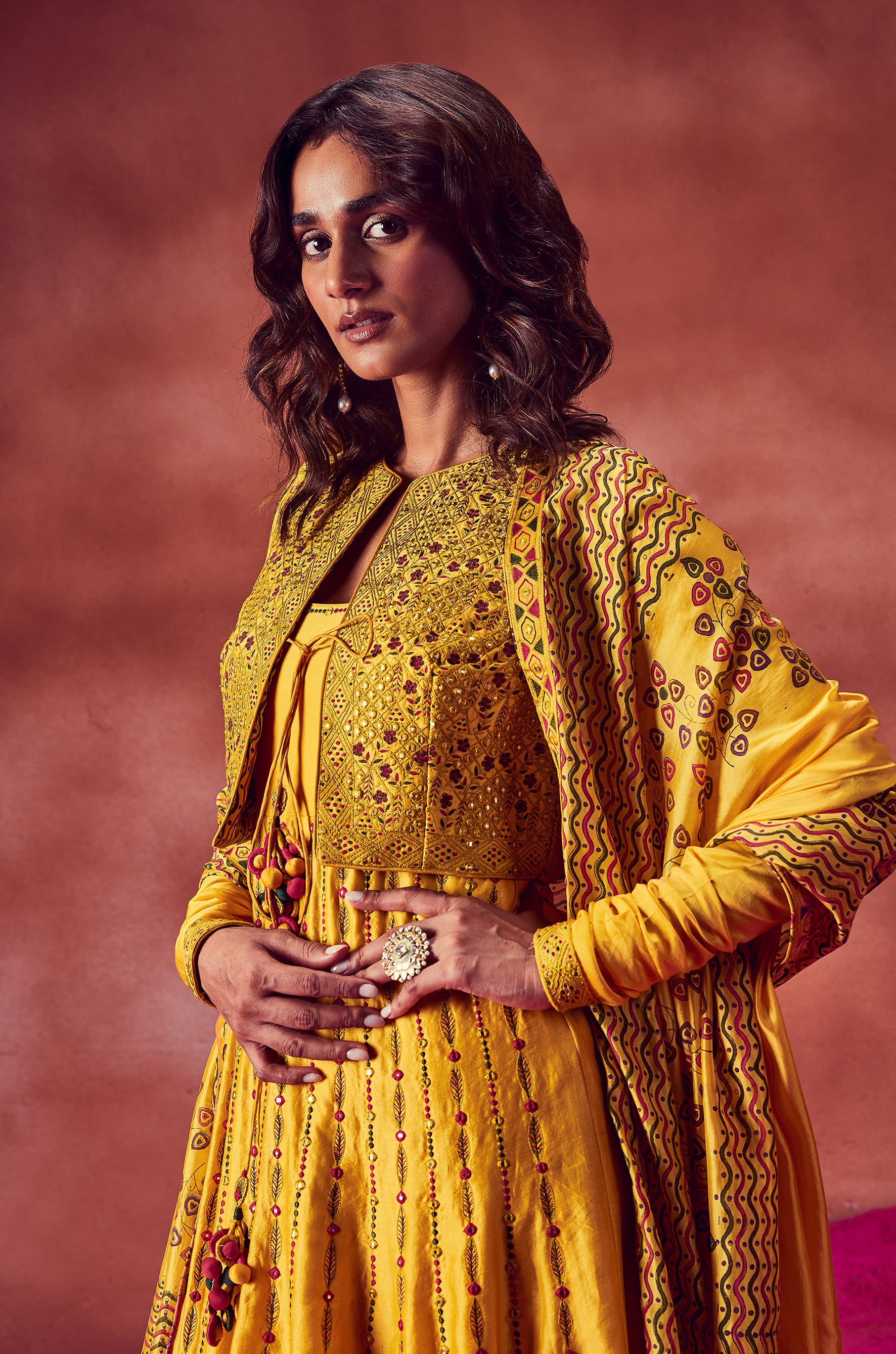 Yellow Resham Work Anarkali Paired With Jacket & Churidar