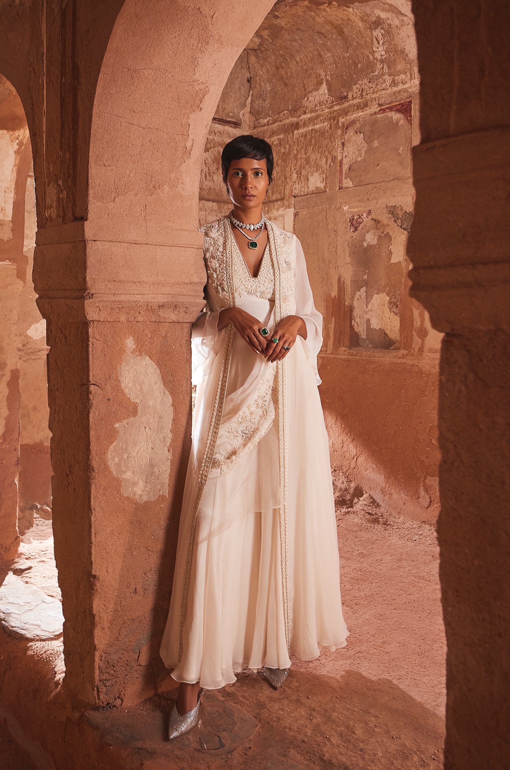 Ivory embroidered chiffon jacket and jumpsuit paired with embroidered chiffon drape