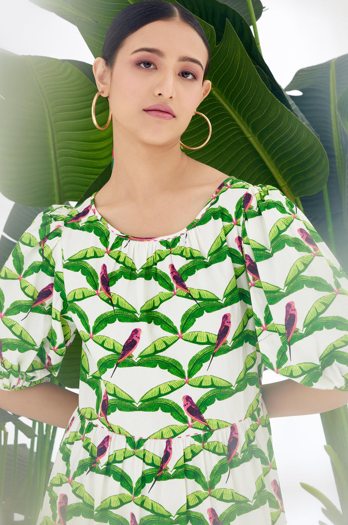 Off-White Parakeet Print bubble sleeve Tier Dress