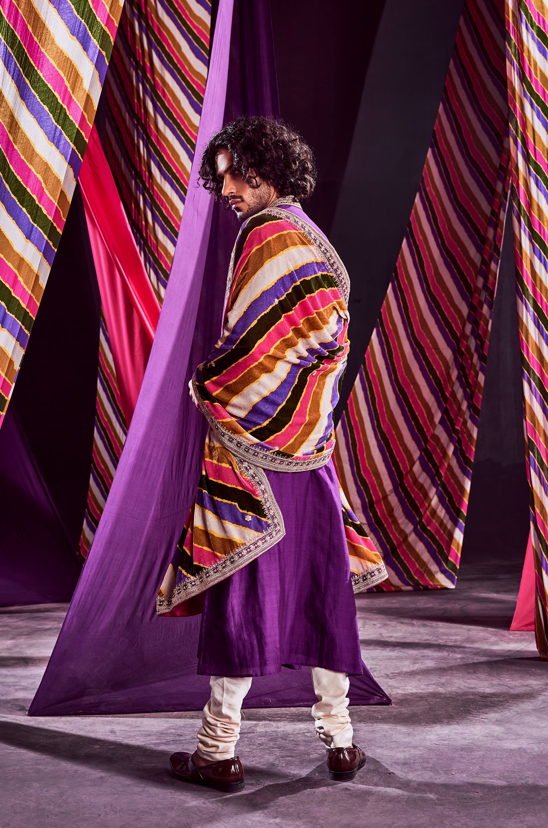 Purple Heavy Kurta With Stripes Dushala & Churida