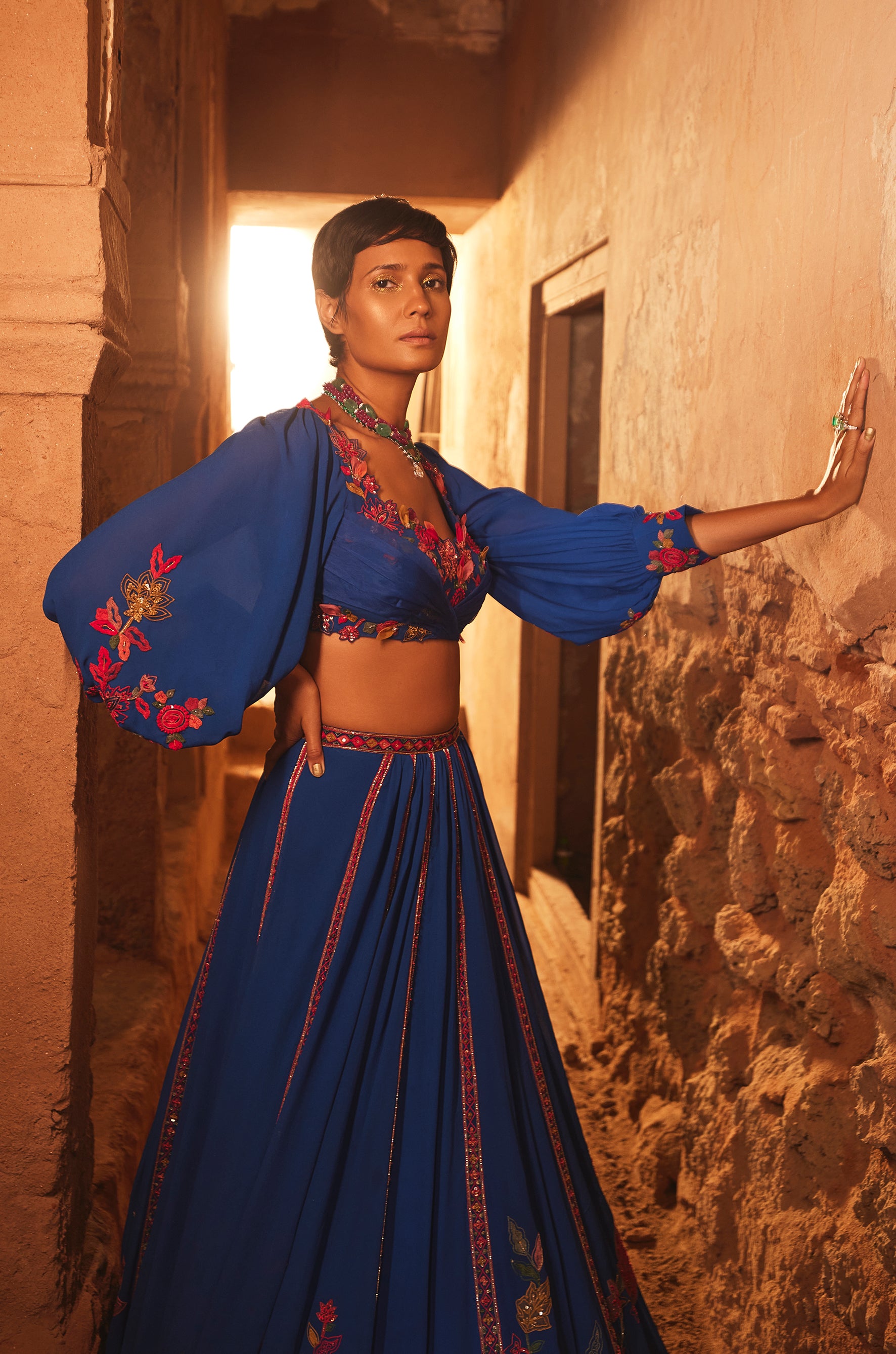 Royal blue embroidered georgette lehenga