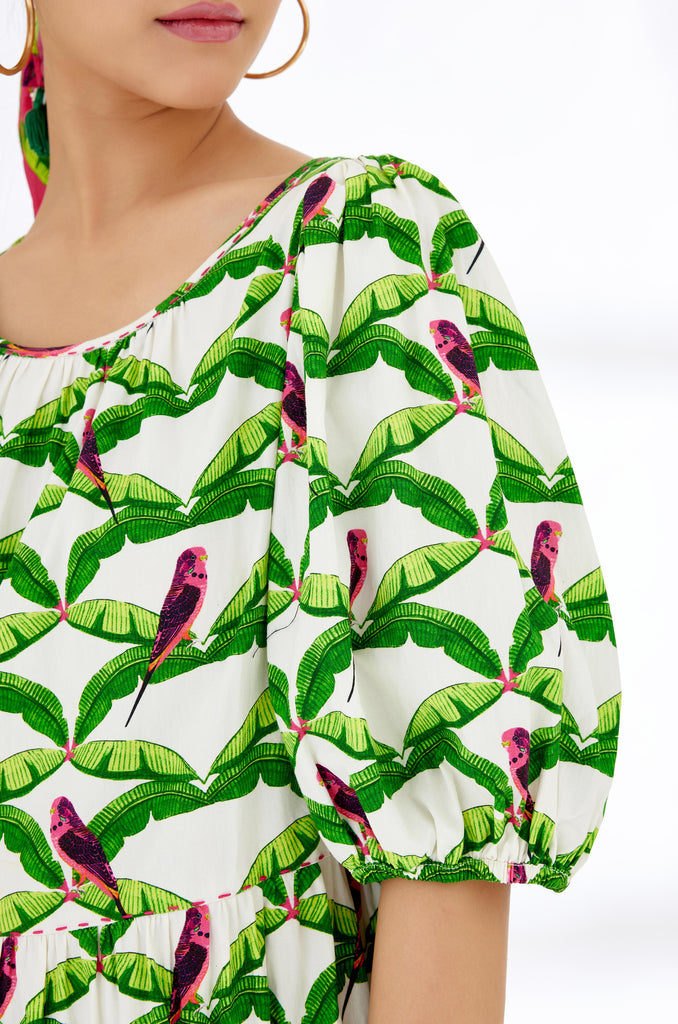 Off-White Parakeet Print bubble sleeve Tier Dress