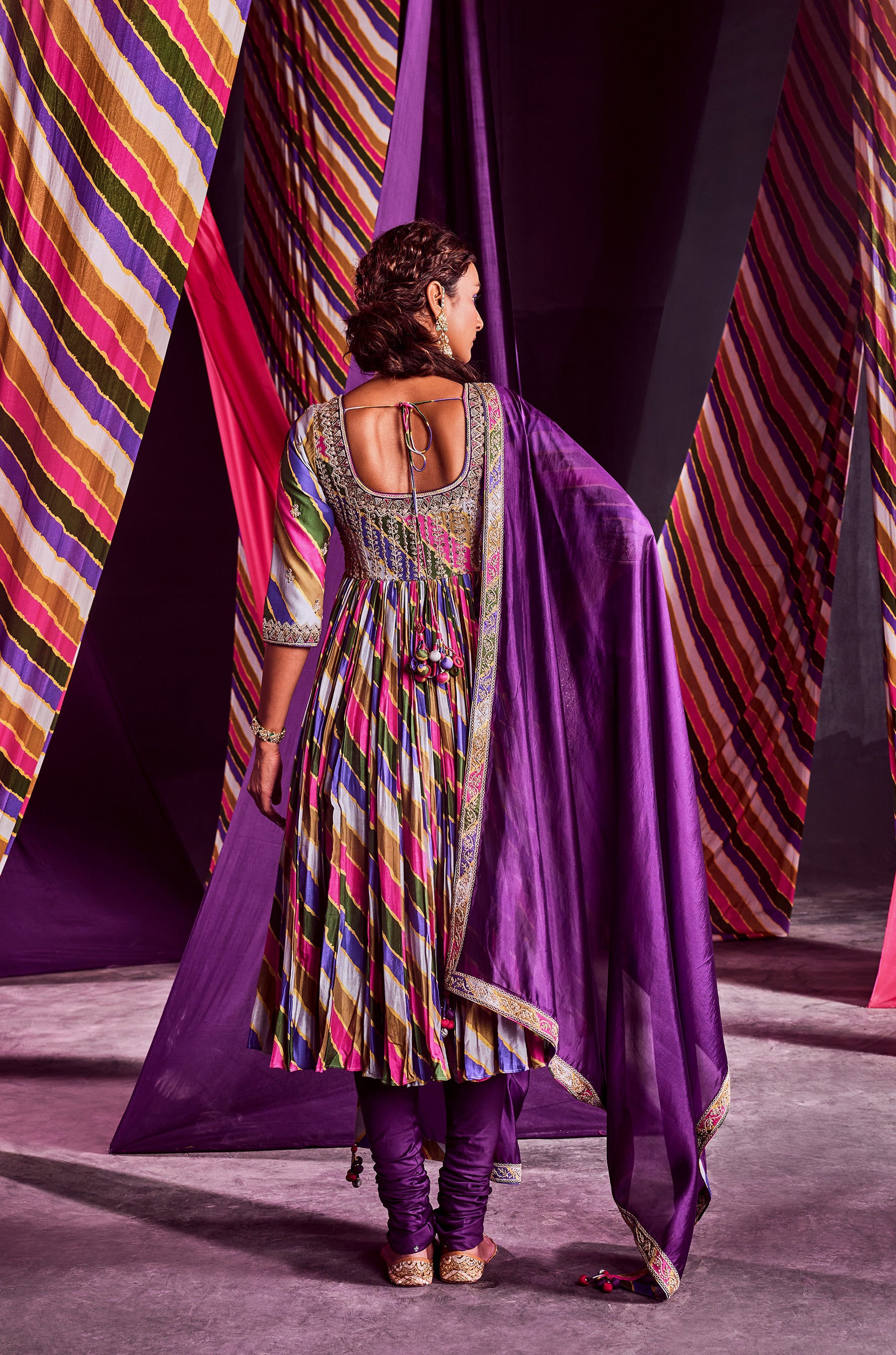 Stripes Printed Heavy Anarkali With Dupatta & Churidar