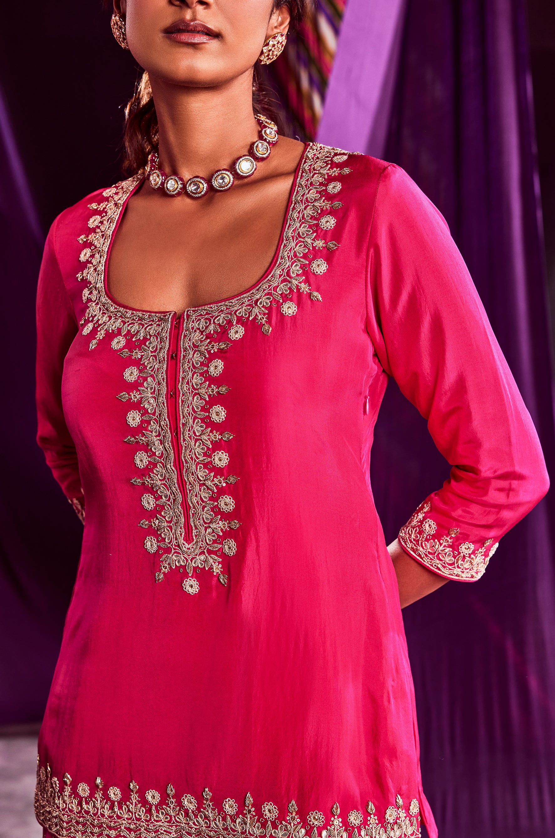Rani pink Short Kurti With Sharara & Dupatta
