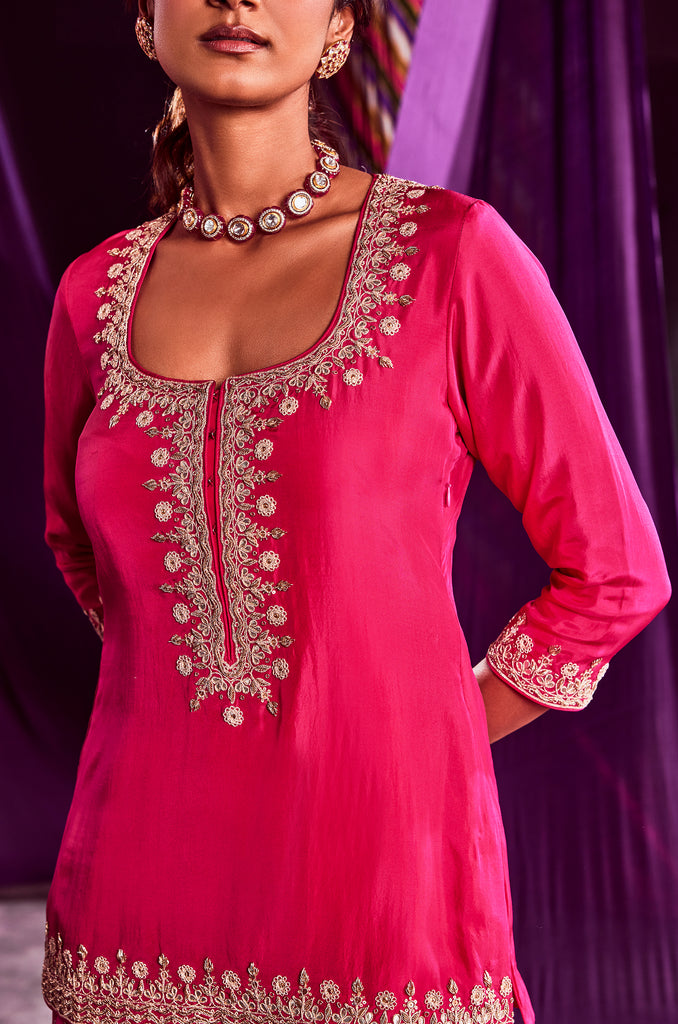 Pretty Pink Straight Kurti with Bandhani Palazzo and Bandhani Sequin D –  anokherang