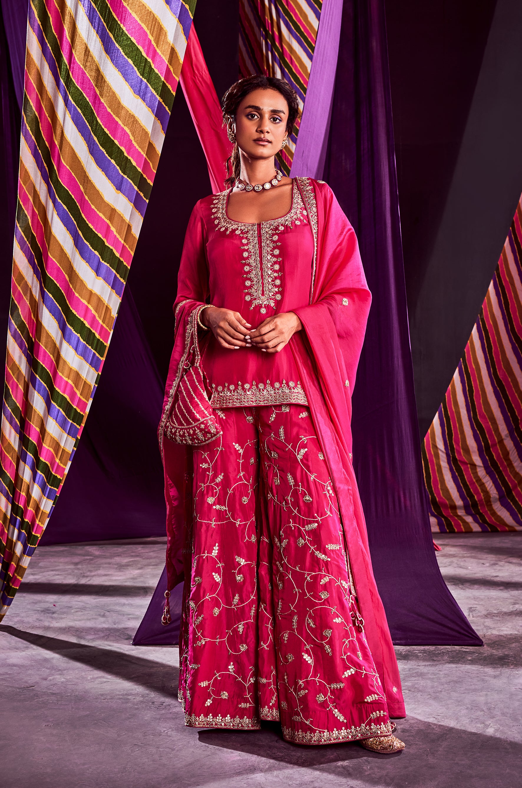 Rani pink Short Kurti With Sharara & Dupatta