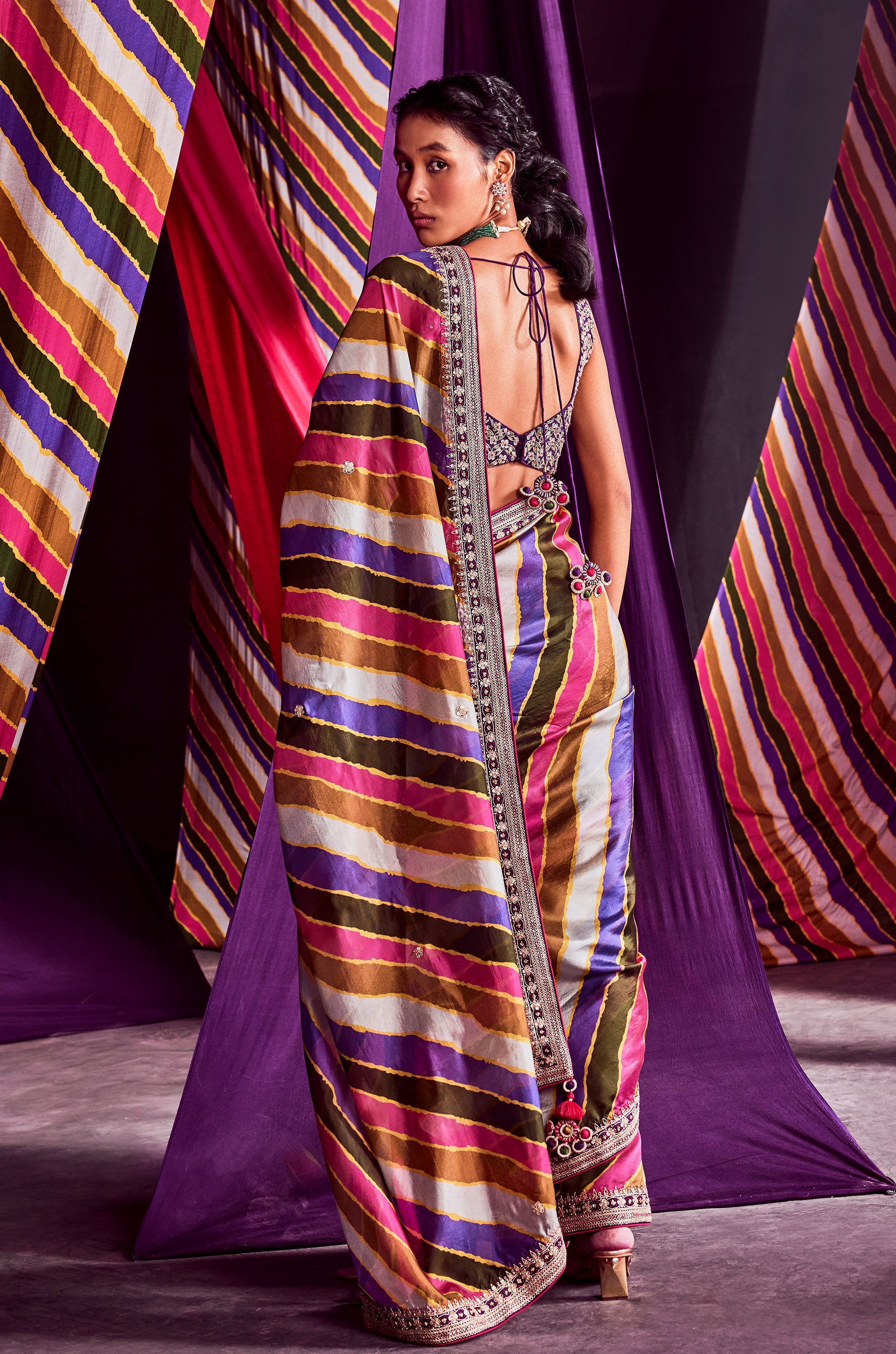 Stripes Printed Saree Paired With Blouse