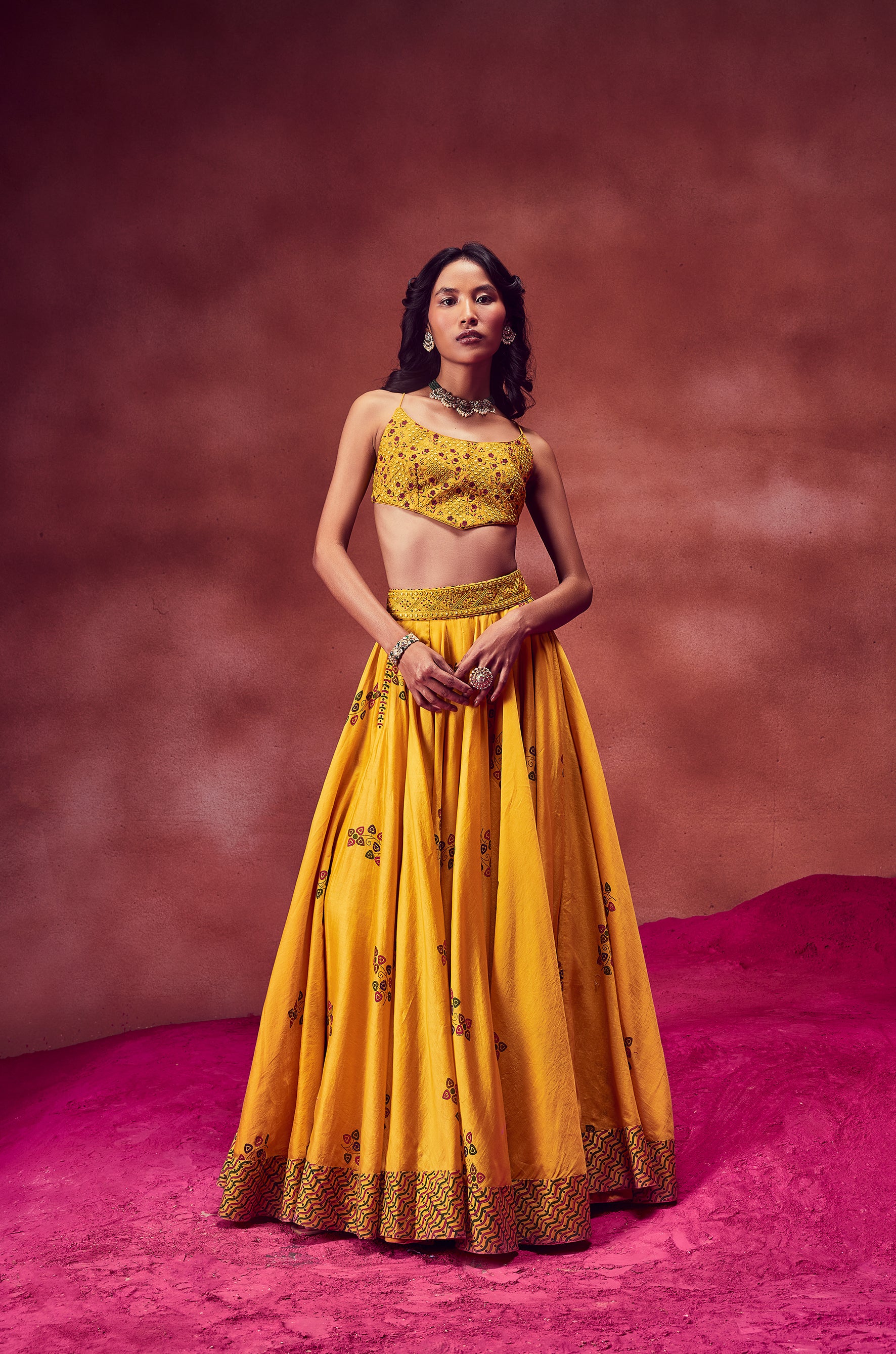 Yellow Printed Lehenga With Top & Dupatta