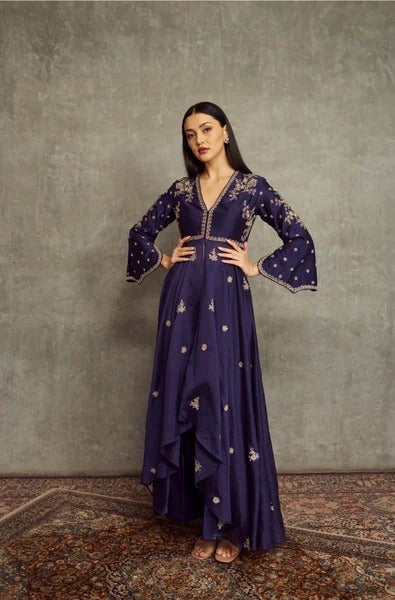 Navy Blue Embroidered Flared Kurta Set