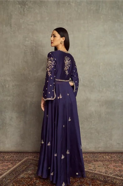 Navy Blue Embroidered Flared Kurta Set