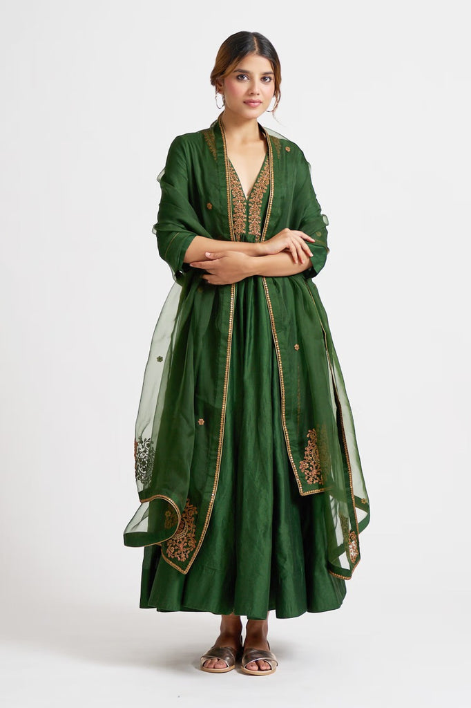 Green Chanderi Anarkali Set