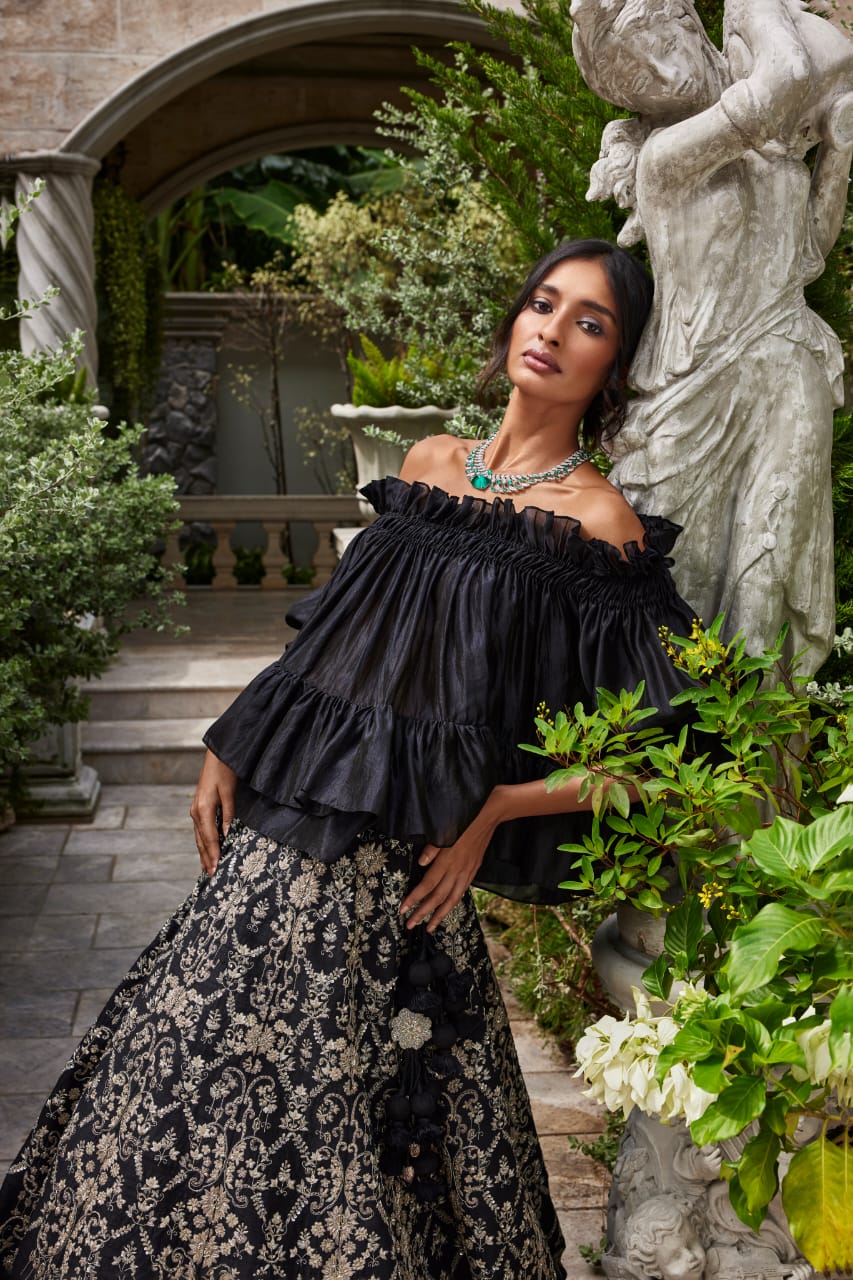 Black Ruffle Top and Embroidered Lehenga Set