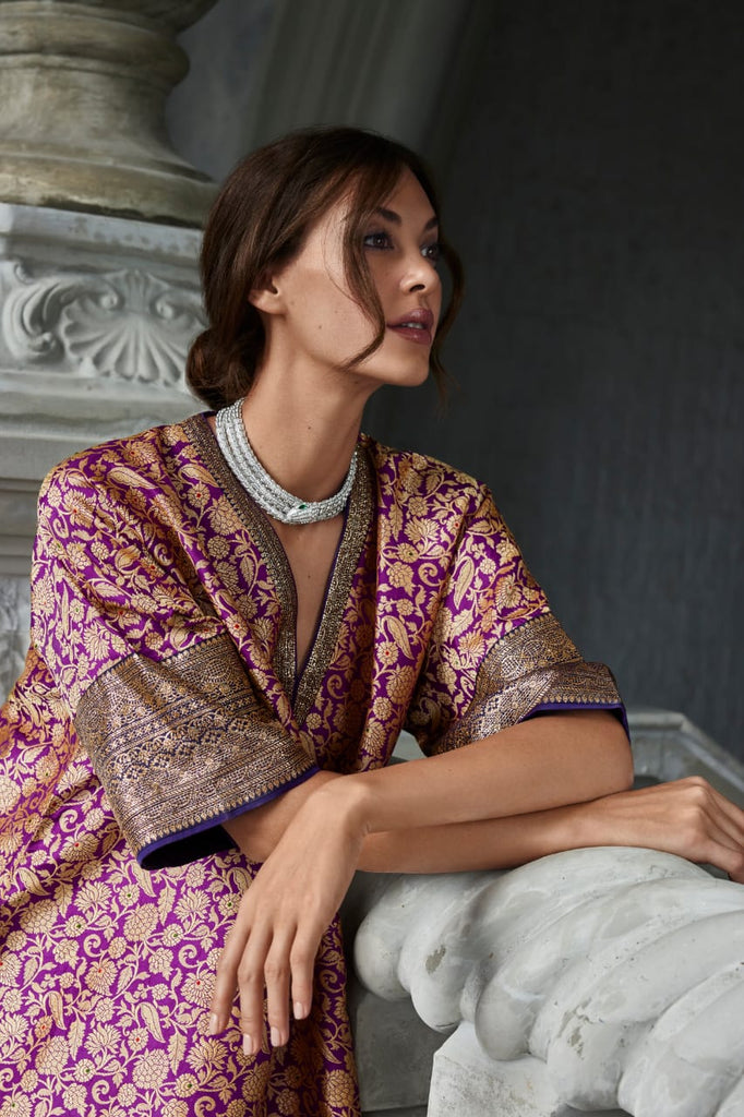 Buy Purple Banarasi Kaftan Dress By Jayanti Reddy | Deval Store