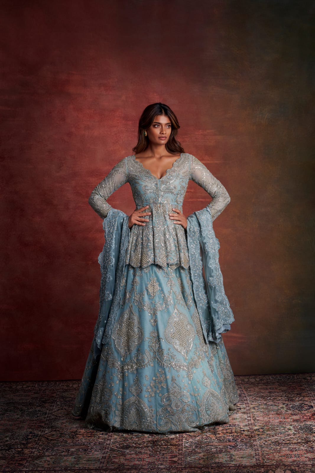 Ice Blue Embroidered Lehenga Set