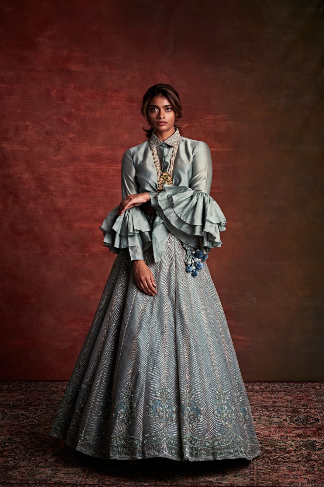 Steel Grey Net Zardosi Embroidered Lehenga Set