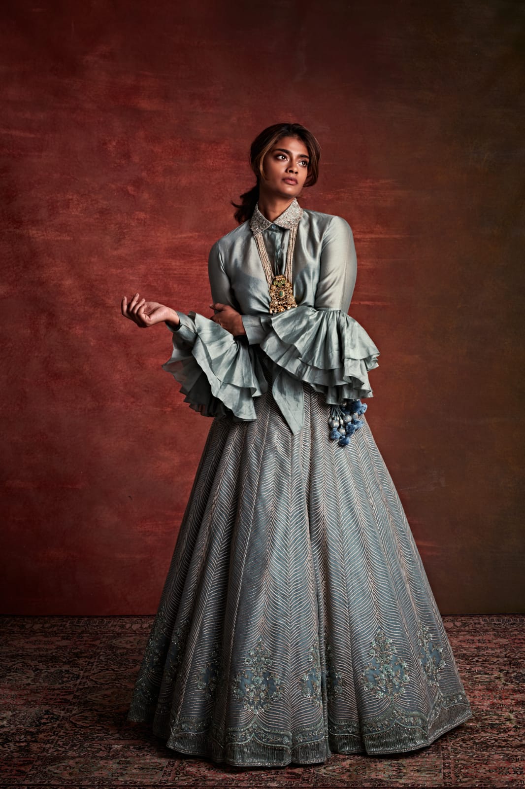 Steel Grey Net Zardosi Embroidered Lehenga Set