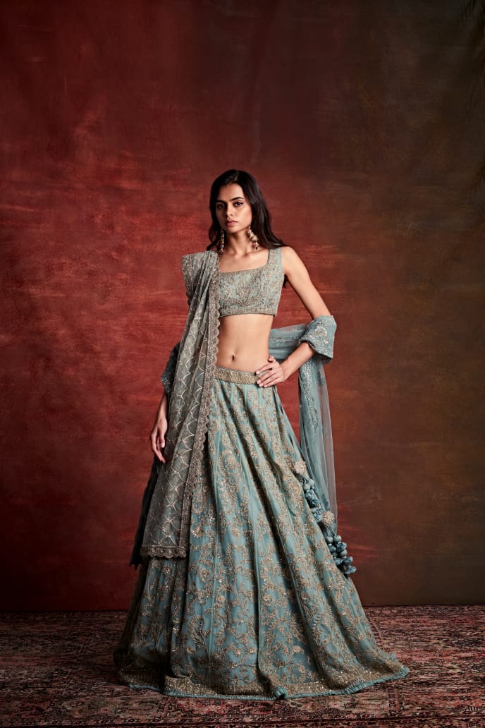 Teal Blue Zardosi Embroidered Lehenga Set
