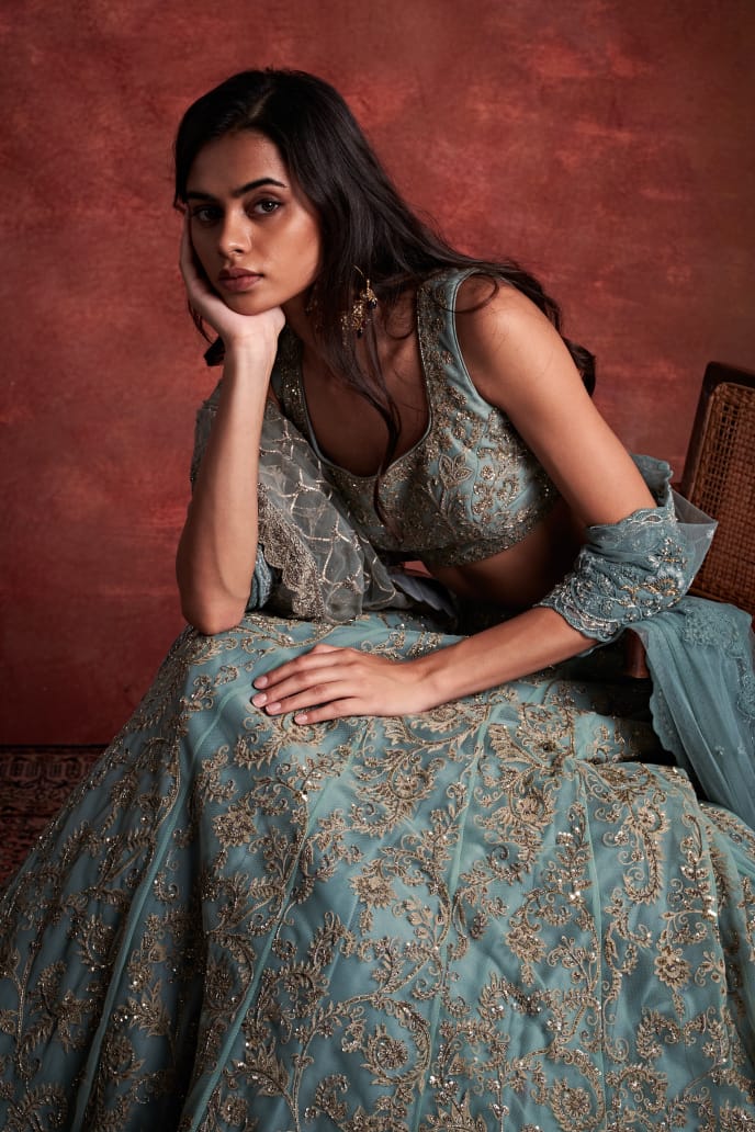 Teal Blue Zardosi Embroidered Lehenga Set