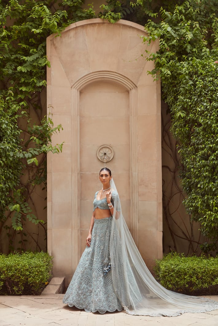 Ice Blue Floral Embroidery Lehenga Set