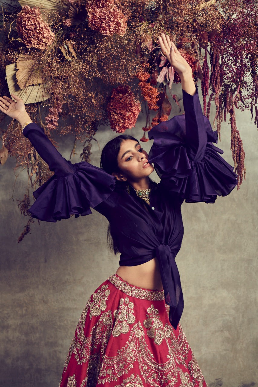 Blue Silk Ruffle Blouse And Lehenga Set