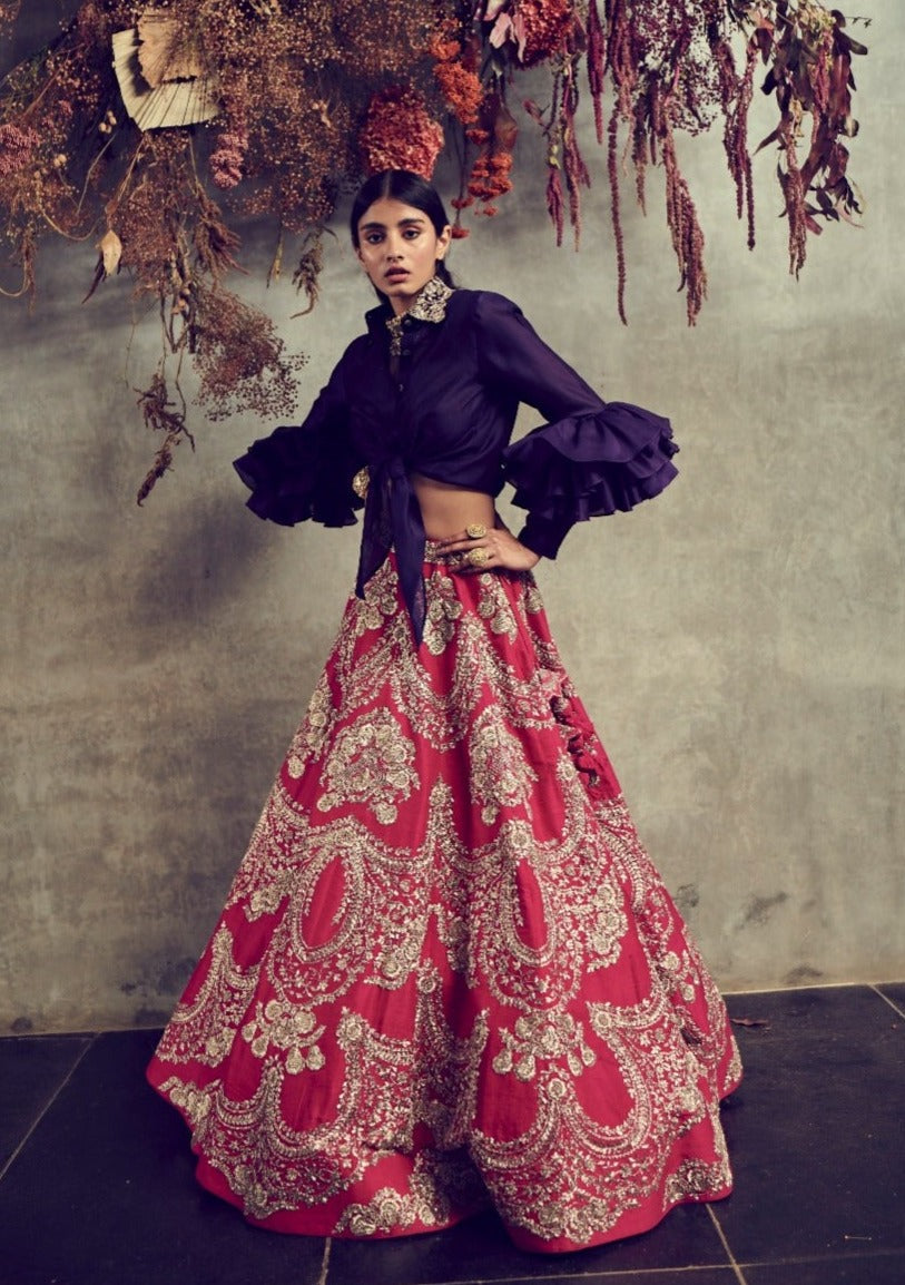 Blue Silk Ruffle Blouse And Lehenga Set