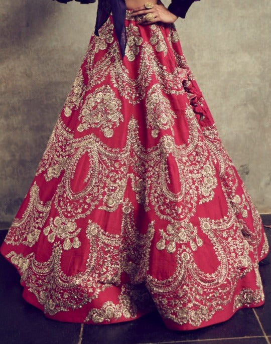 Blue Silk Ruffle Blouse And Lehenga Set