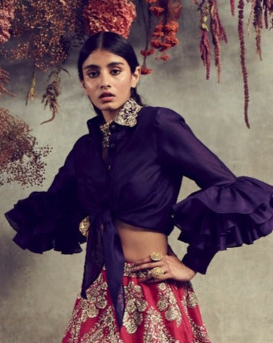 Blue Silk Ruffle Blouse And Lehenga Set