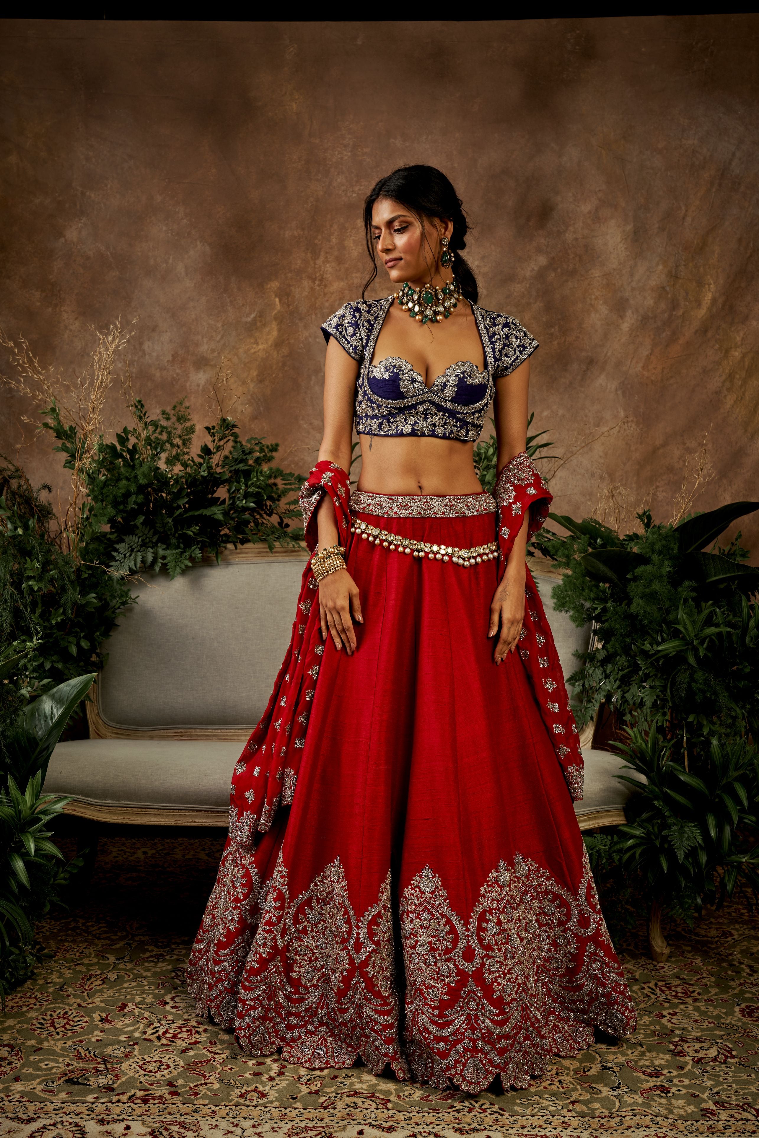 Red Raw Silk Embroidered Lehenga Set