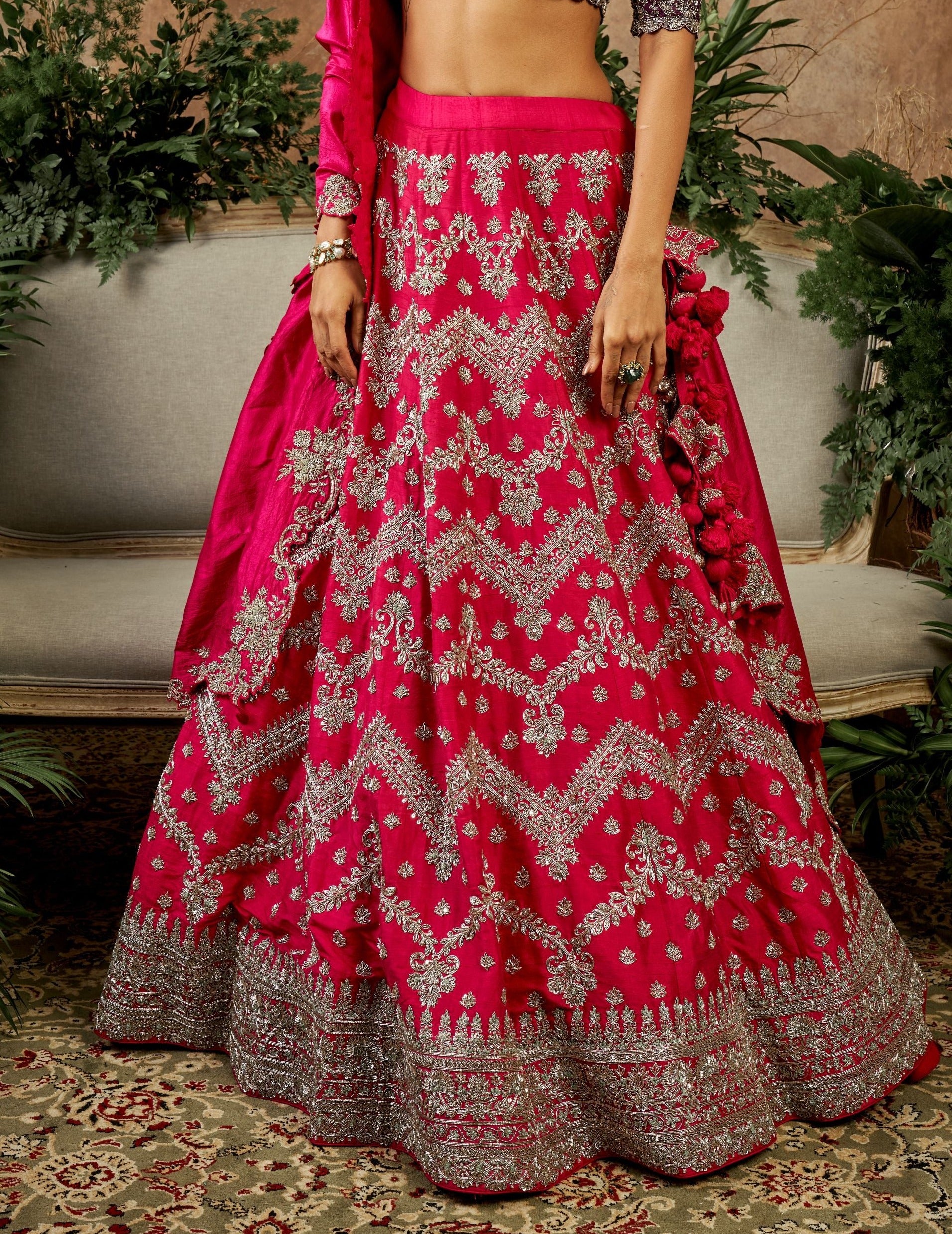 Pink Embroidered Lehenga Set With Purple Blouse