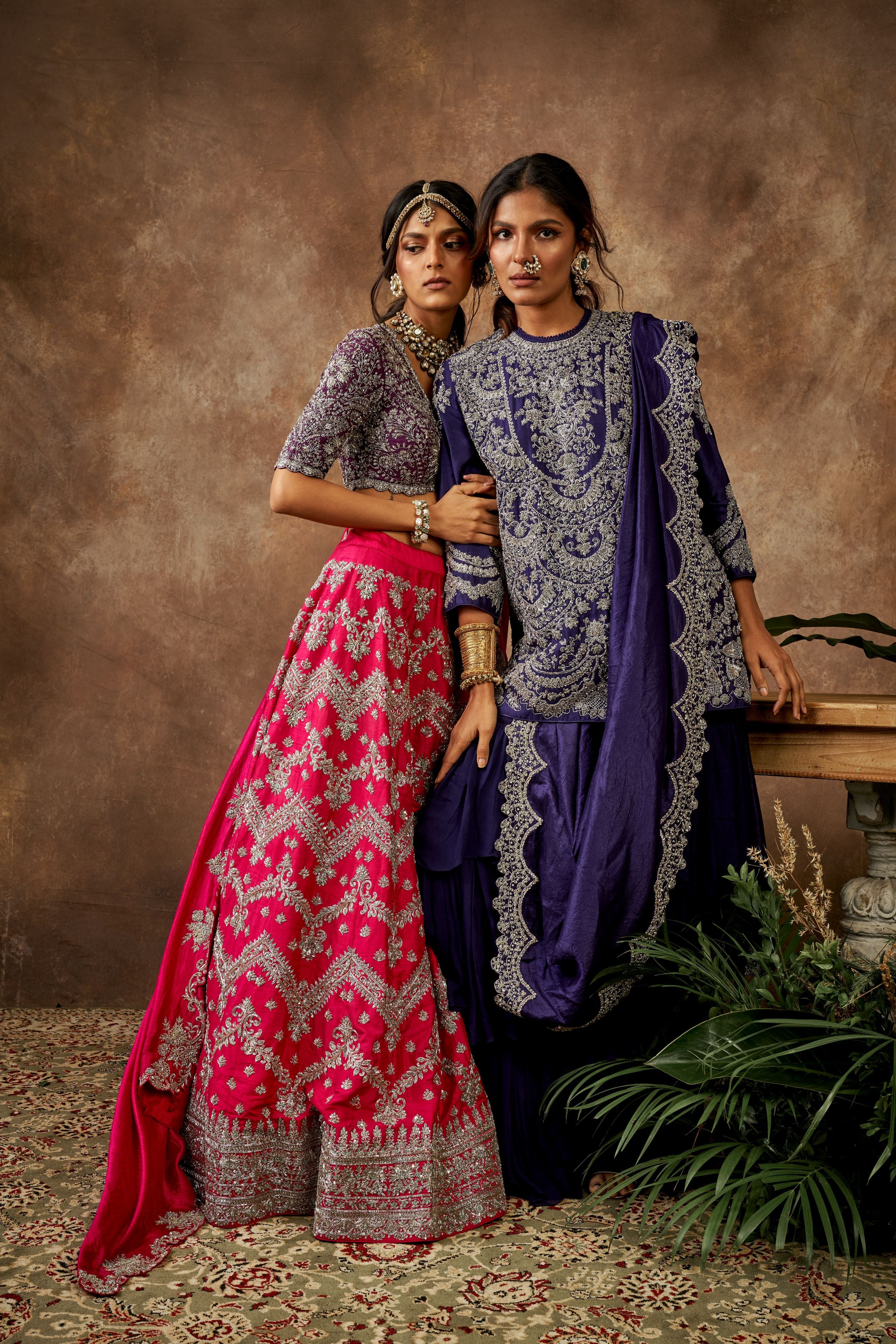 Pink Embroidered Lehenga Set With Purple Blouse