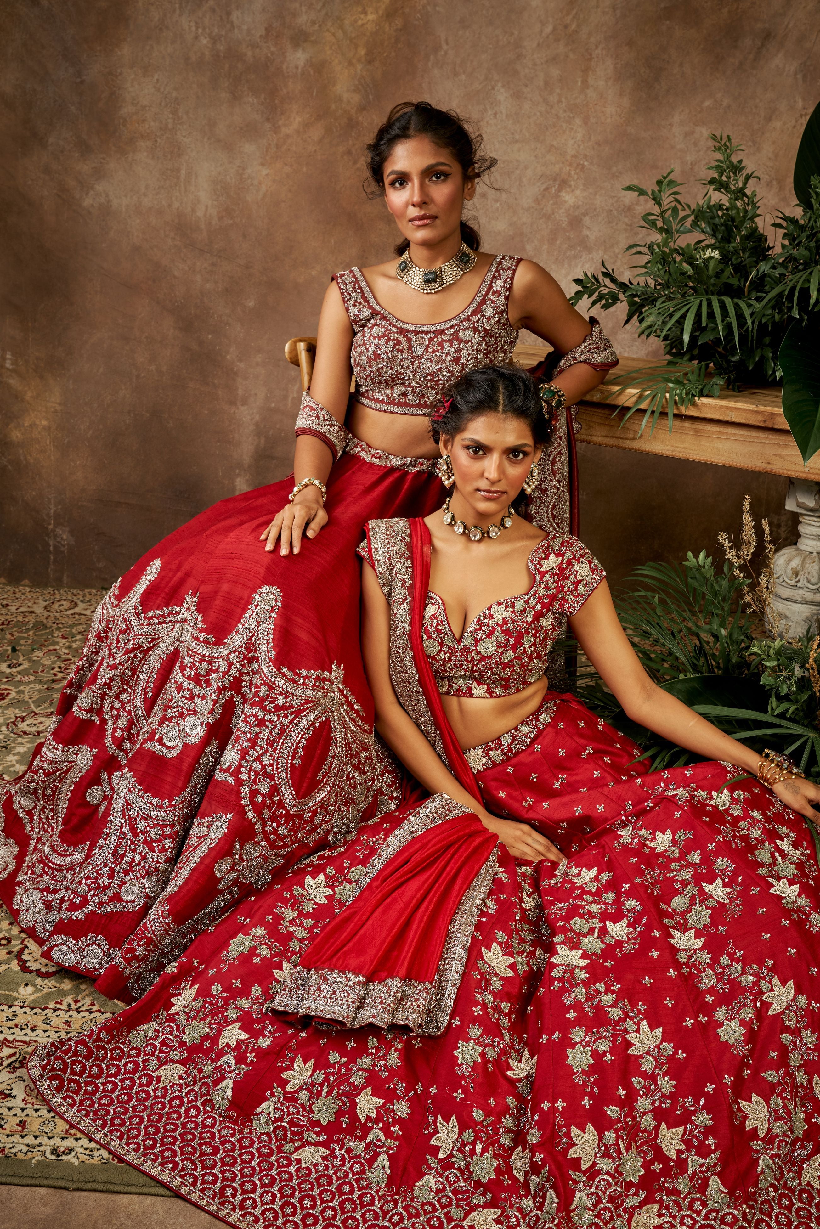 Red Raw Silk Zardosi Embroidered Lehenga Set
