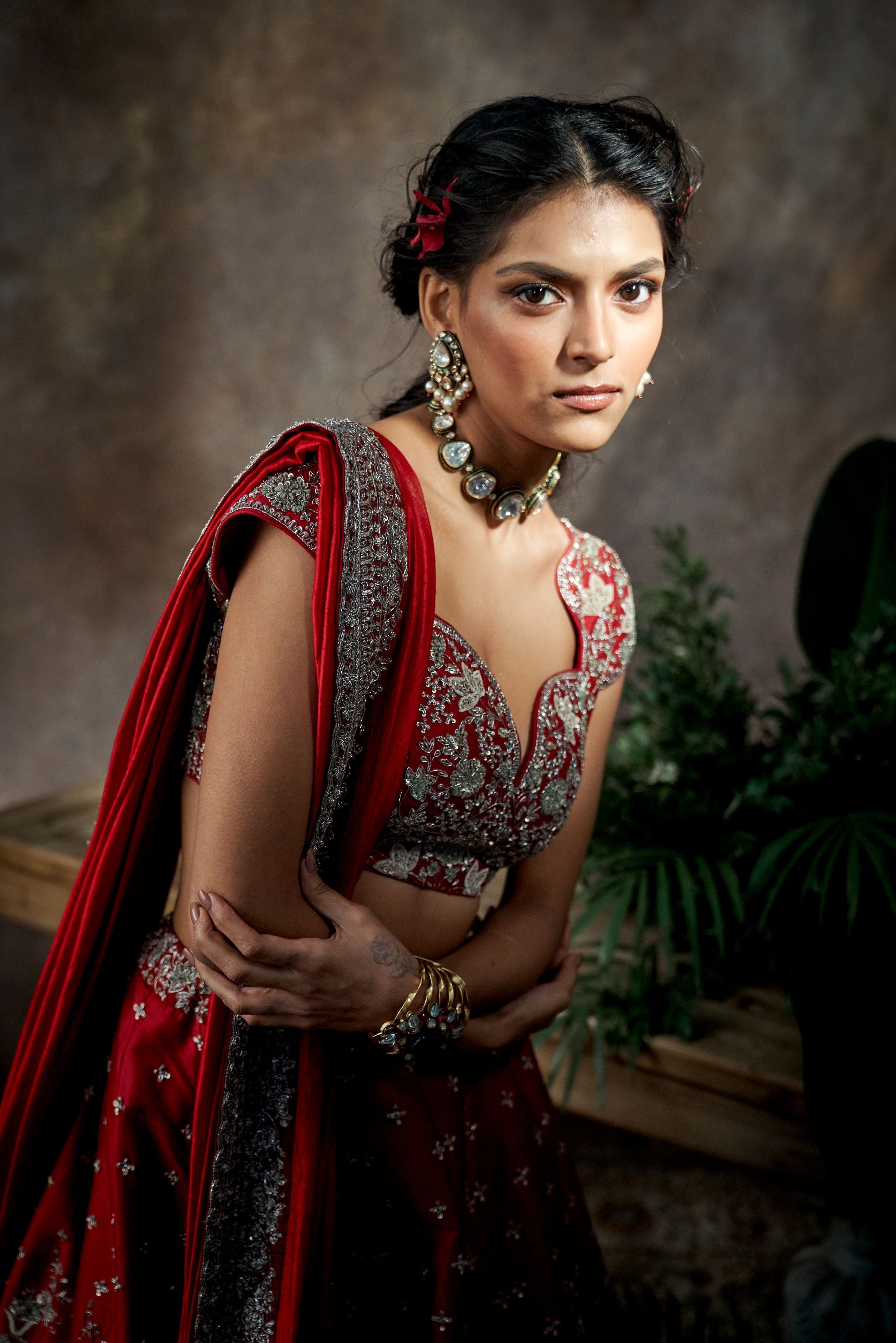 Red Raw Silk Zardosi Embroidered Lehenga Set